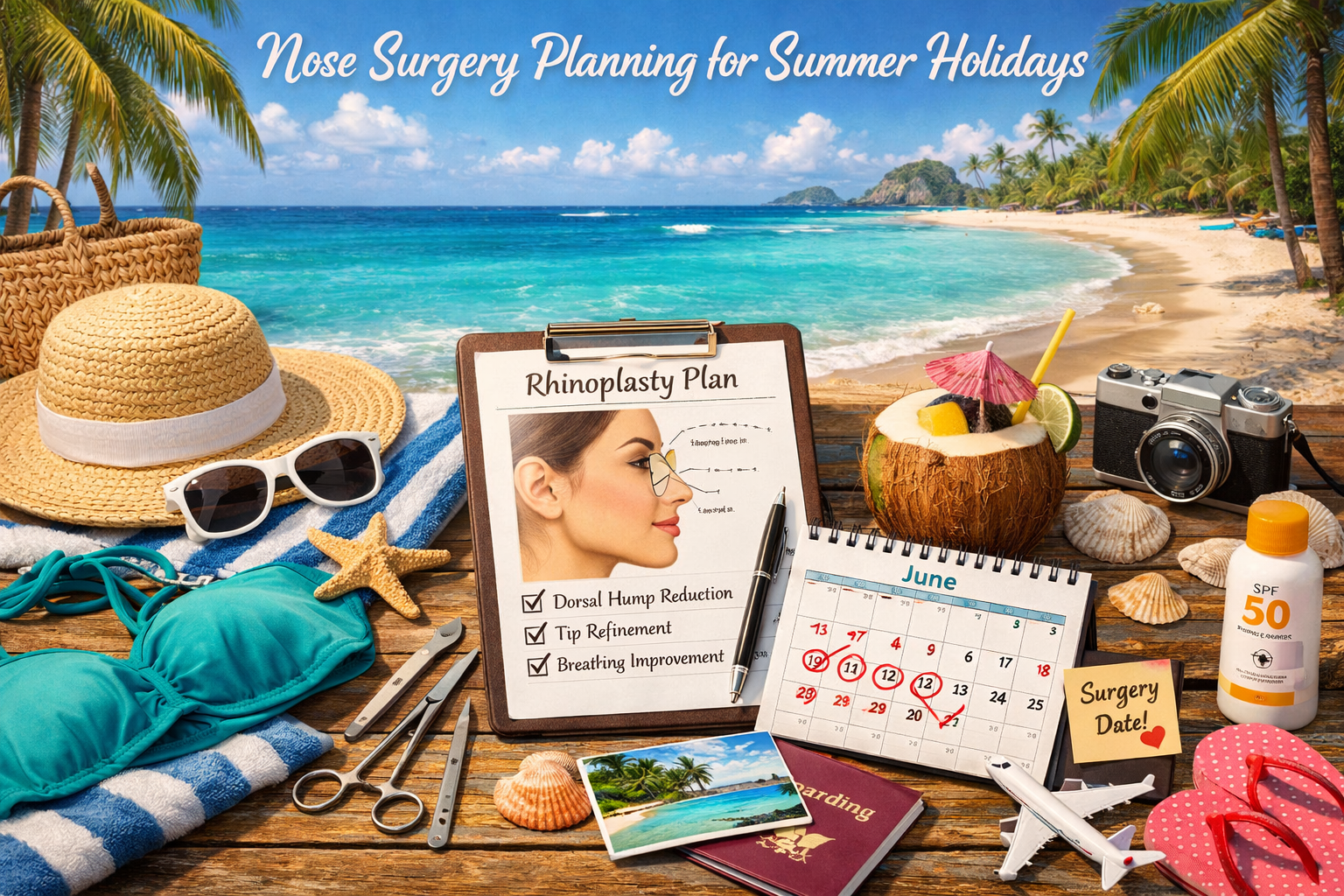 nose-surgery-summer-planning-cover. Person reviewing a calendar with summer dates while holding a mirror showing side profile of the nose