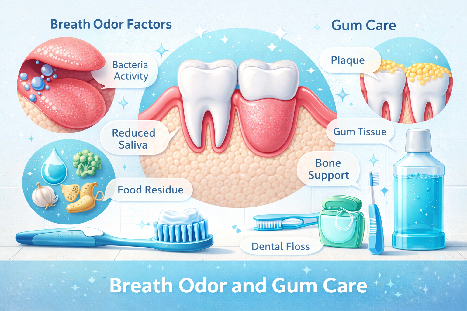 Infographic diagram showing teeth structure, gum areas, and common oral hygiene tools with labeled sections.
