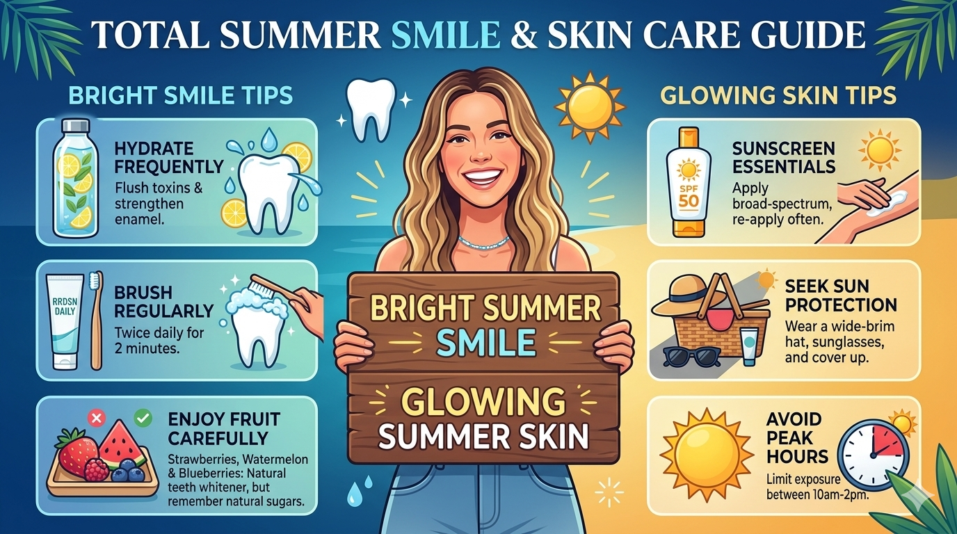 Infographic displaying oral hygiene routines, hydration habits, and seasonal lifestyle patterns associated with summer months.