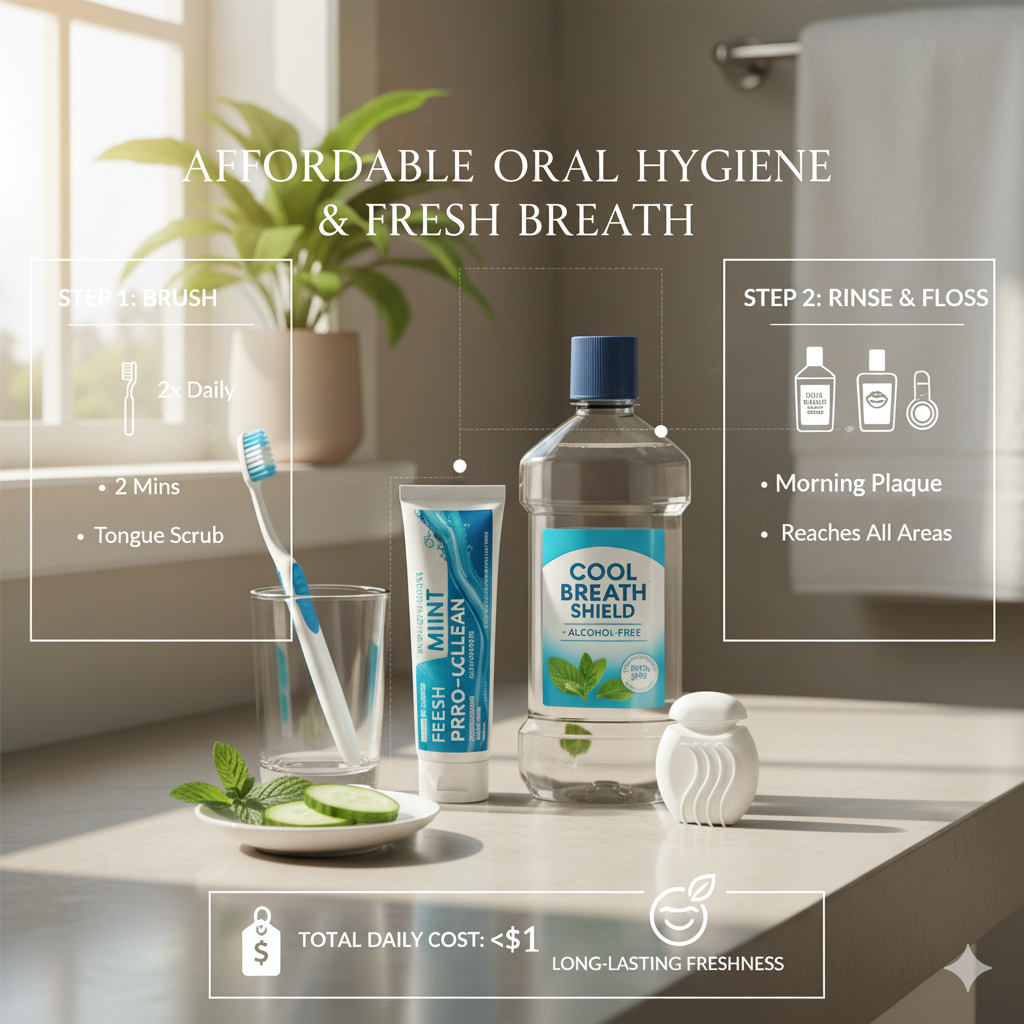 Illustrated chart displaying toothbrush, toothpaste, dental floss, tongue cleaner, and mouth rinse with labeled oral hygiene routine steps.