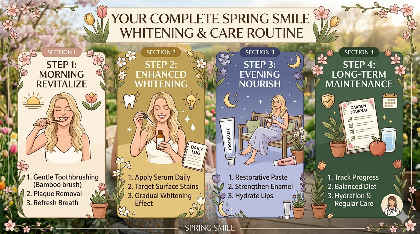 Diagram showing toothbrush, toothpaste, floss, mouth rinse, whitening strips, and gel applicators.