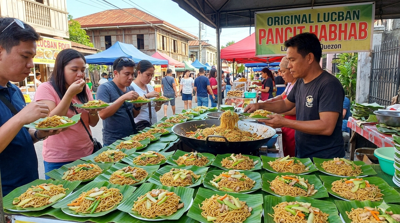 Stir-fried noodle dish served on a banana leaf with vegetables and sliced meat
