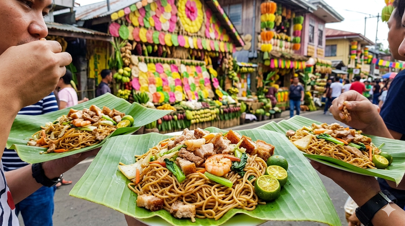 pancit-habhab-banana-leaf-serving. Stir-fried noodles with vegetables and meat served on a banana leaf, traditional Pancit Habhab presentation
