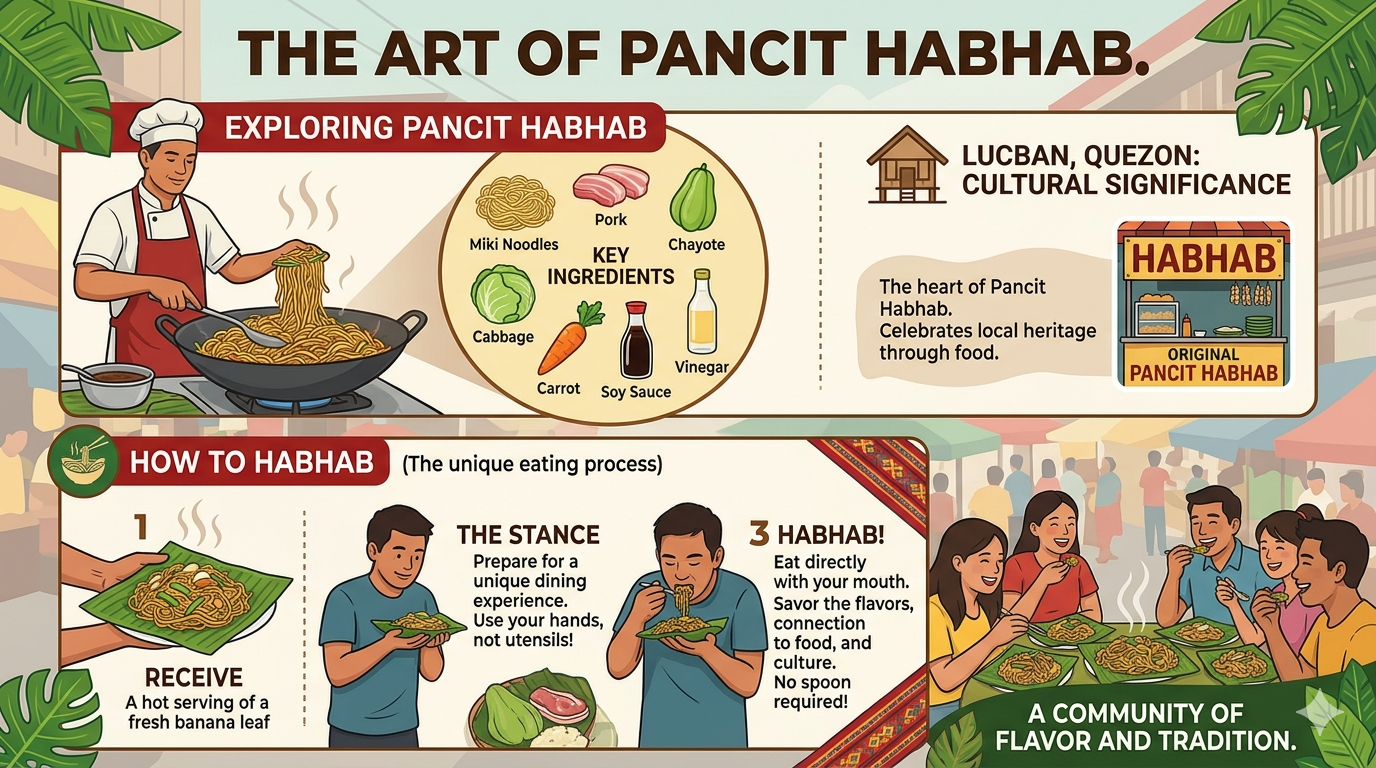 Visual breakdown of Pancit Habhab showing noodles, vegetables, meat components, and preparation steps