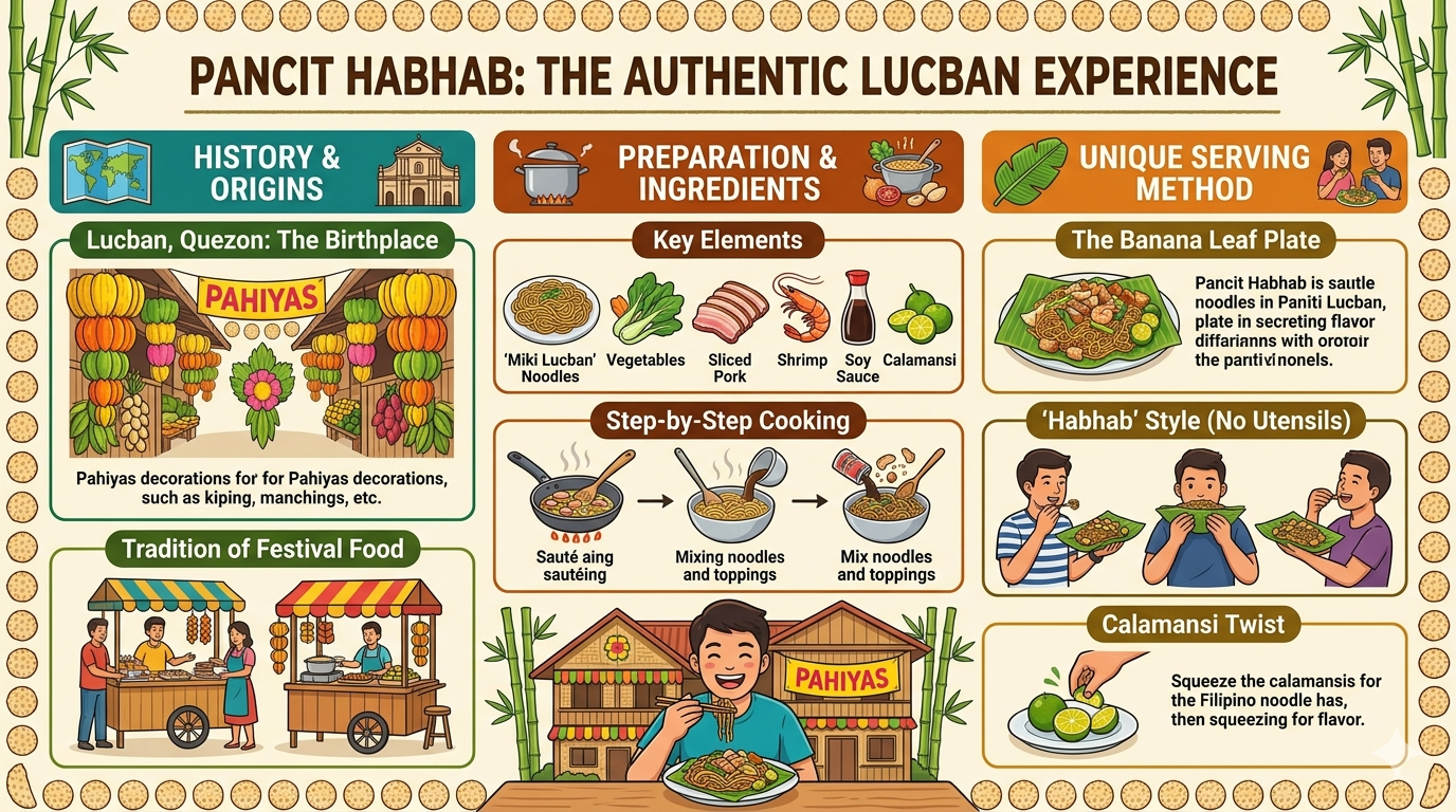 Diagram showing noodles, vegetables, meat, and cooking steps involved in Pancit Habhab preparation