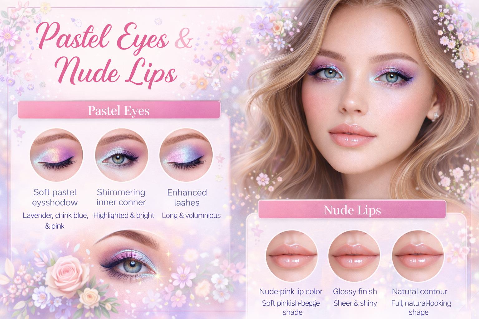 Infographic displaying pastel eyeshadow shades alongside nude lipstick tones with labeled cosmetic color categories.