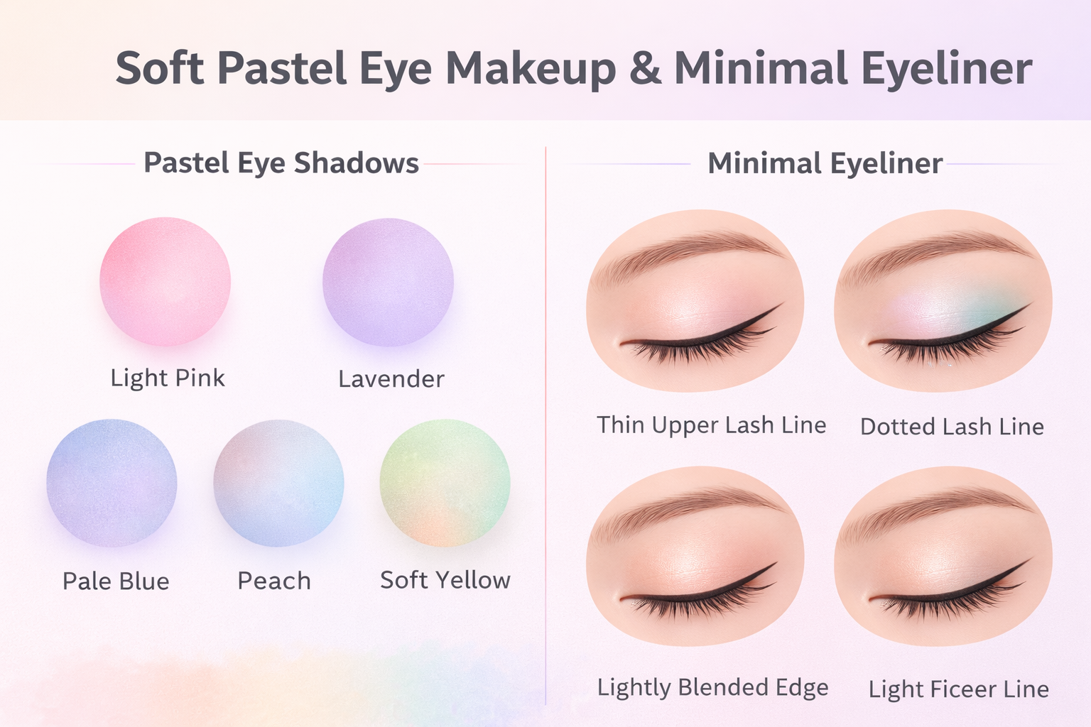 Infographic showing pastel eye shadow color swatches and simple eyeliner line variations used in cosmetic eye makeup styles.