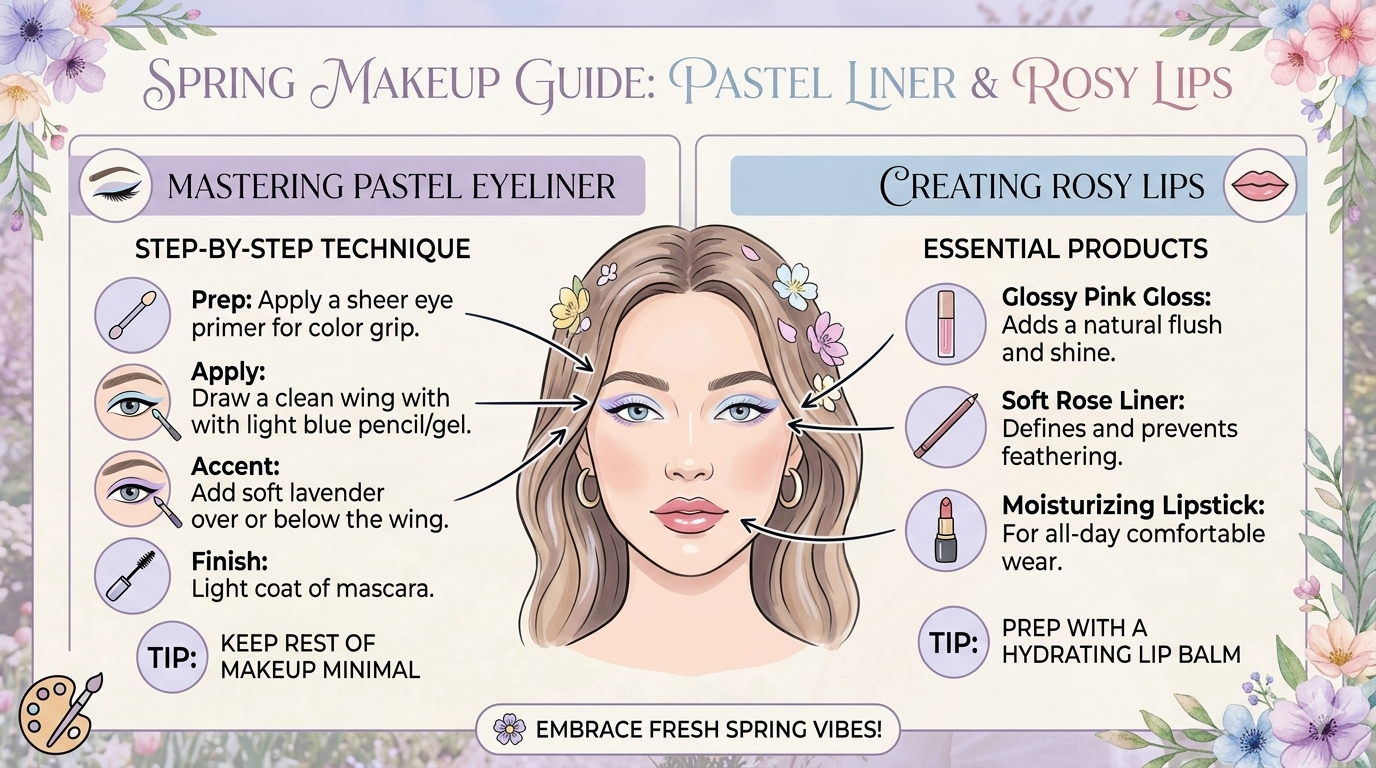 Infographic displaying pastel eyeliner shades and rosy lip cosmetic product formats including pencils, liquid liners, lipsticks, gloss, and tint containers.