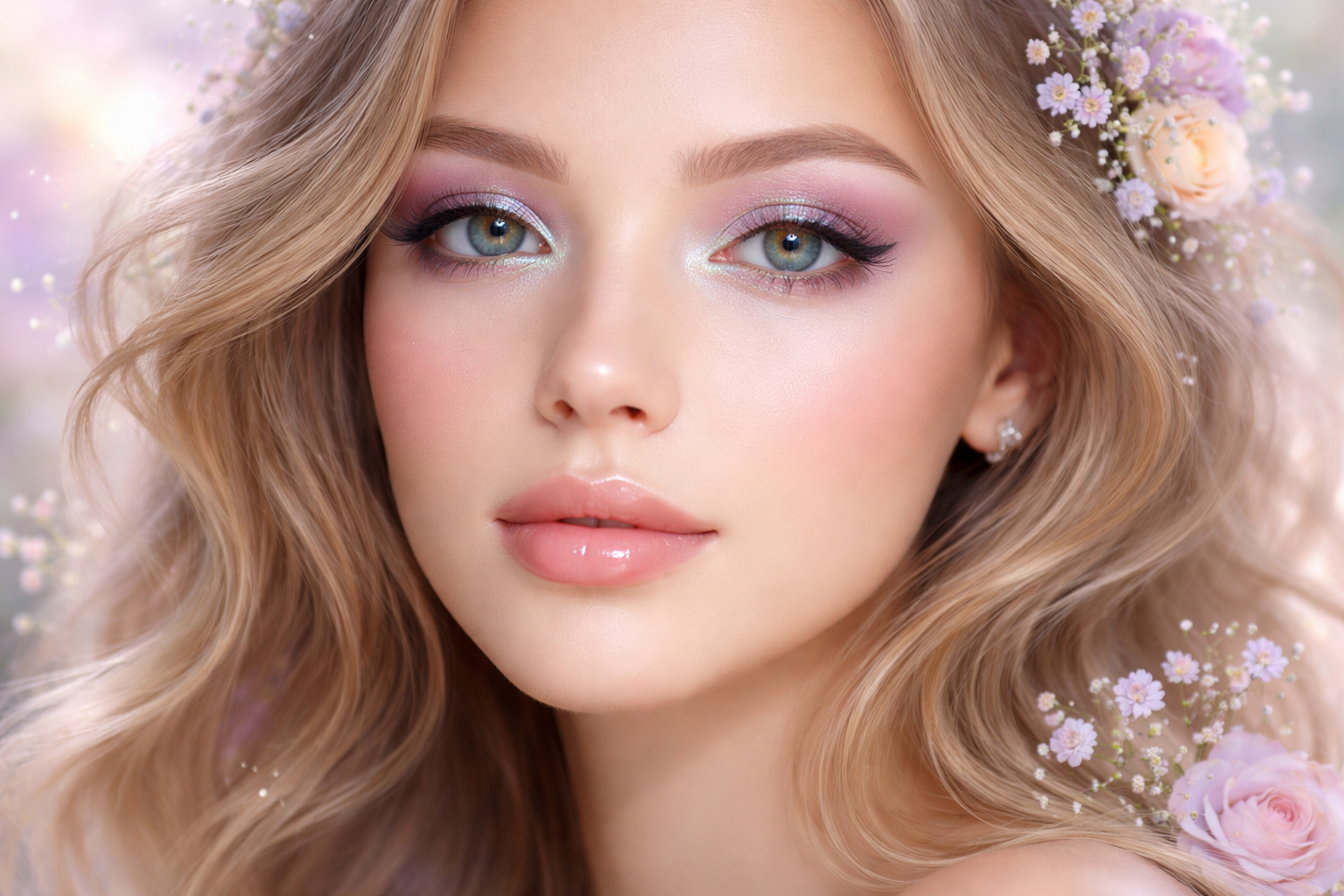 Close-up image showing pastel eyeshadow shades with nude-toned lipstick in a soft cosmetic color composition.