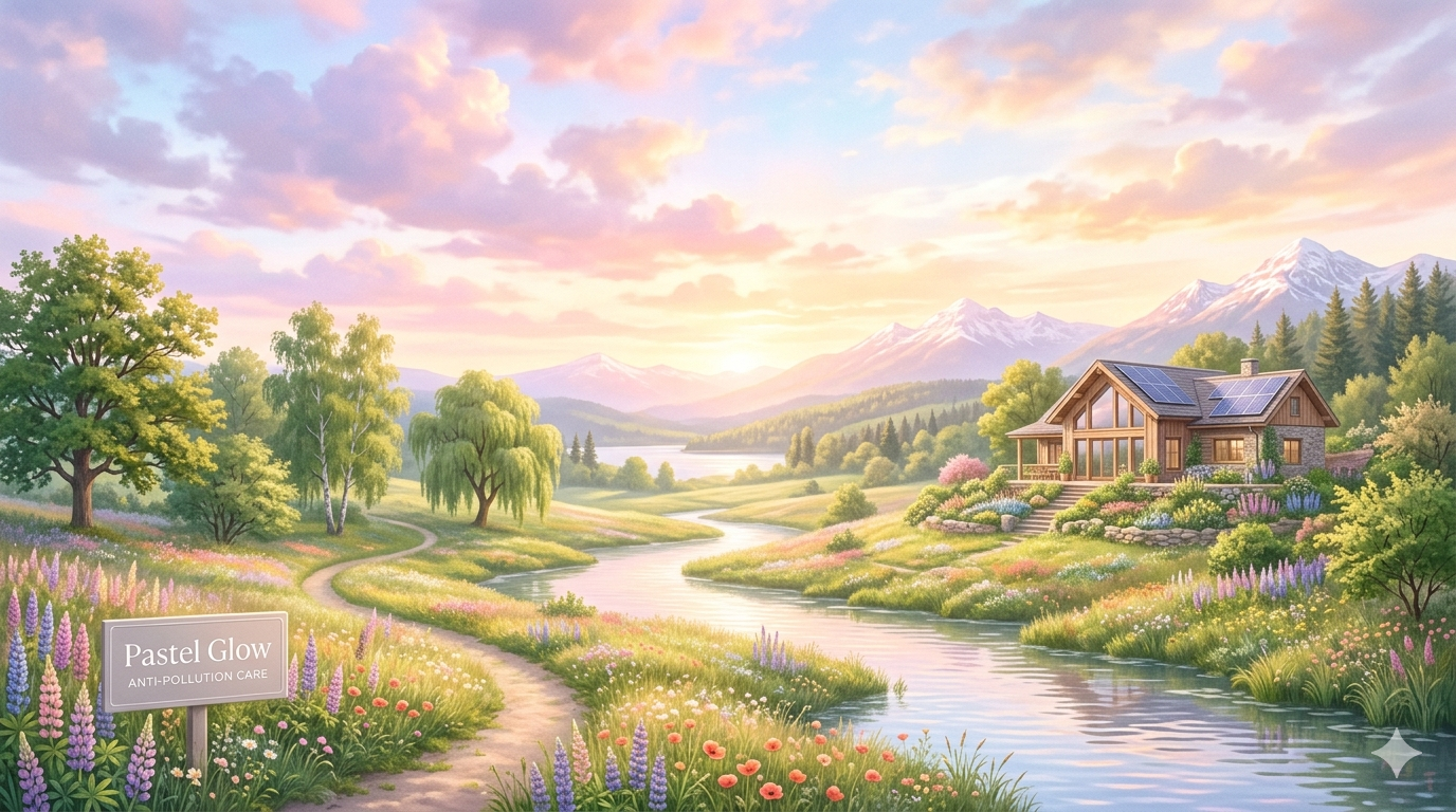 Urban skyline with soft pastel lighting reflected on a person’s face, representing environmental context and skin care discussion.