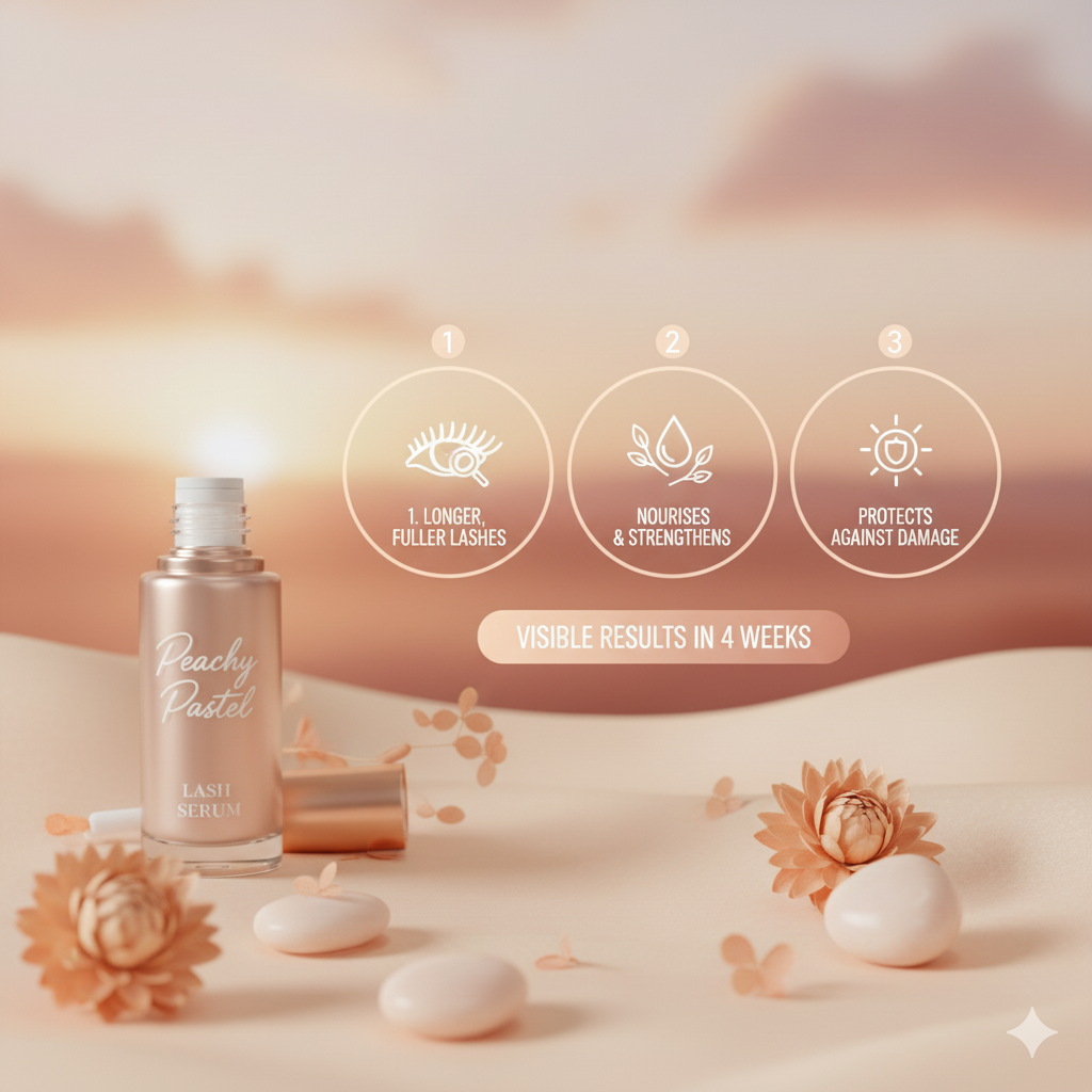 Infographic layout showing cosmetic serum bottle, packaging elements, and labeled sections describing product presentation