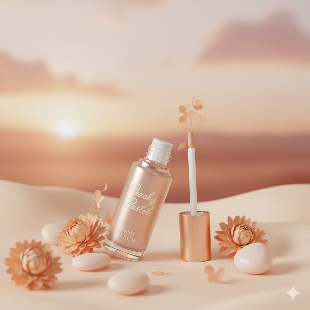 peachy-pastel-eyes-lash-serum-product-display. Cosmetic serum bottle with applicator displayed on a peach pastel background with soft lighting