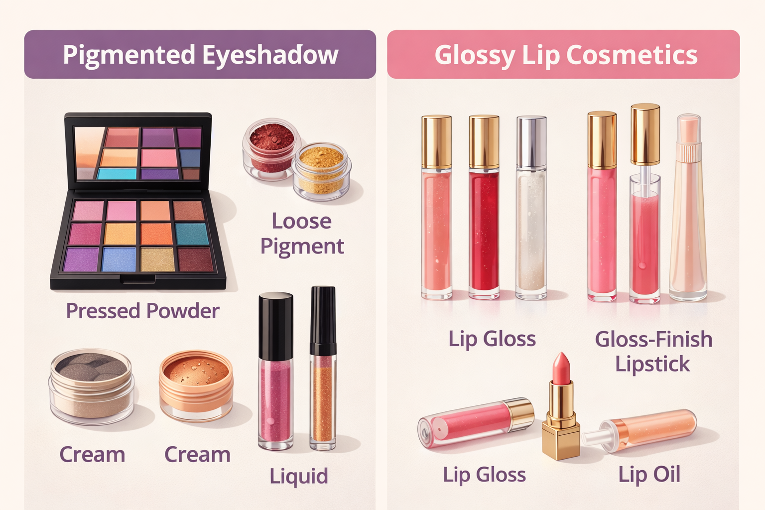 Diagram showing different eyeshadow textures and glossy lip cosmetic formats with labeled sections