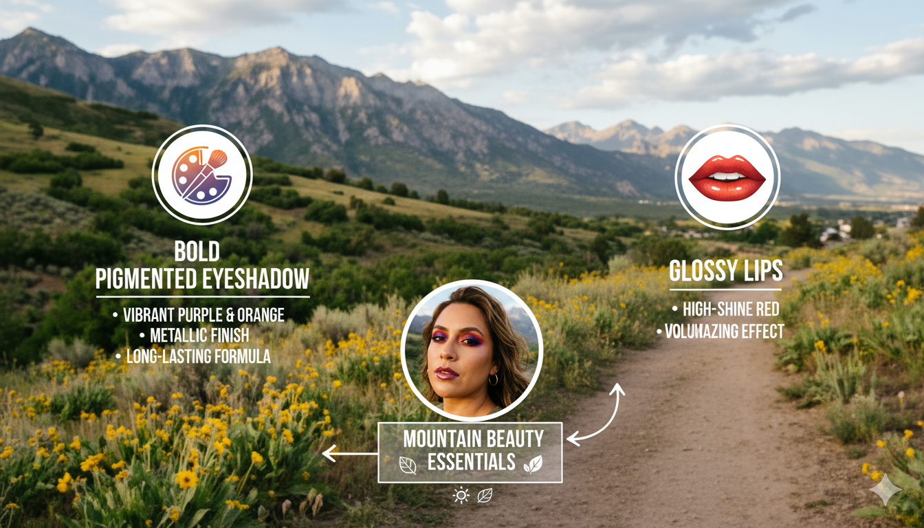 Infographic illustrating cosmetic elements including eyeshadow pigment, lip gloss texture, and color contrast in makeup visuals.