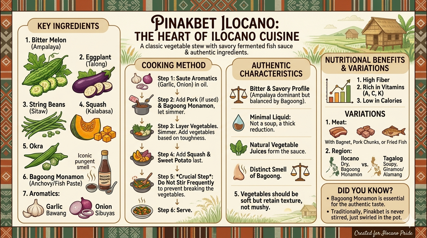 Infographic showing common Pinakbet ingredients such as vegetables and bagoong, with basic cooking sequence