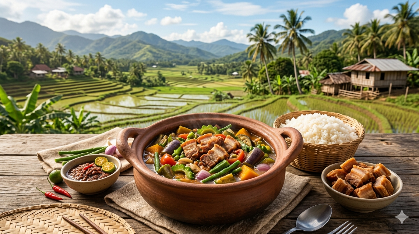 A bowl of Pinakbet Ilocano with mixed vegetables including squash, eggplant, okra, and string beans