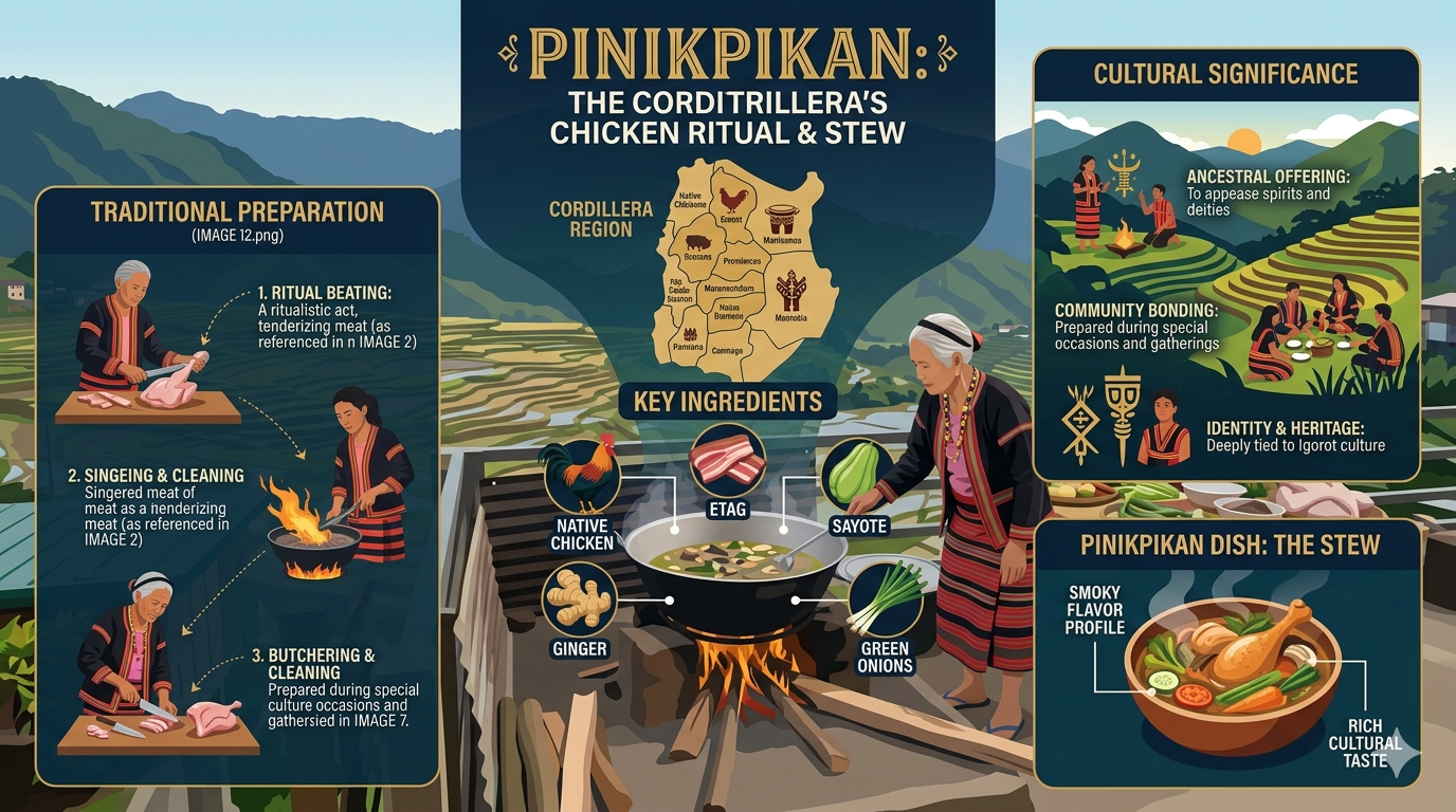 Infographic showing ingredients and preparation steps of pinikpikan including chicken, ginger, and broth-based cooking