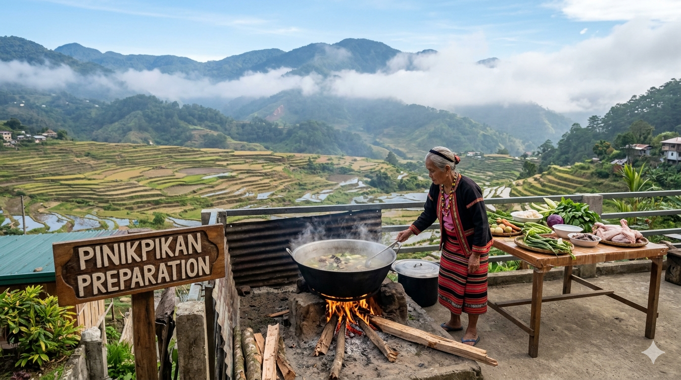 pinikpikan-traditional-dish-cover. A bowl of traditional pinikpikan chicken soup with ginger and leafy vegetables in a rustic setting
