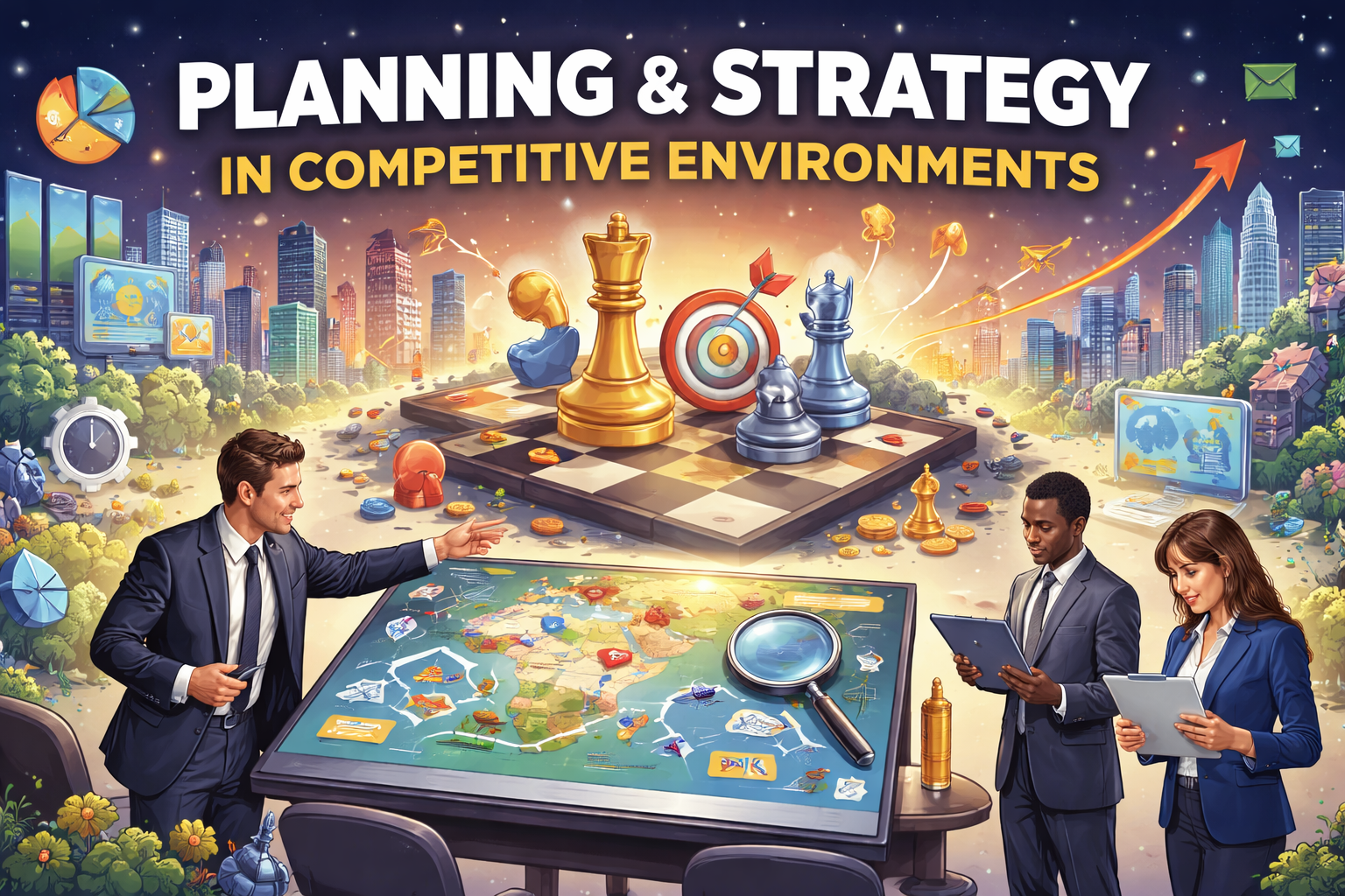 Abstract illustration of interconnected arrows, charts, and figures representing planning and strategy in a competitive setting