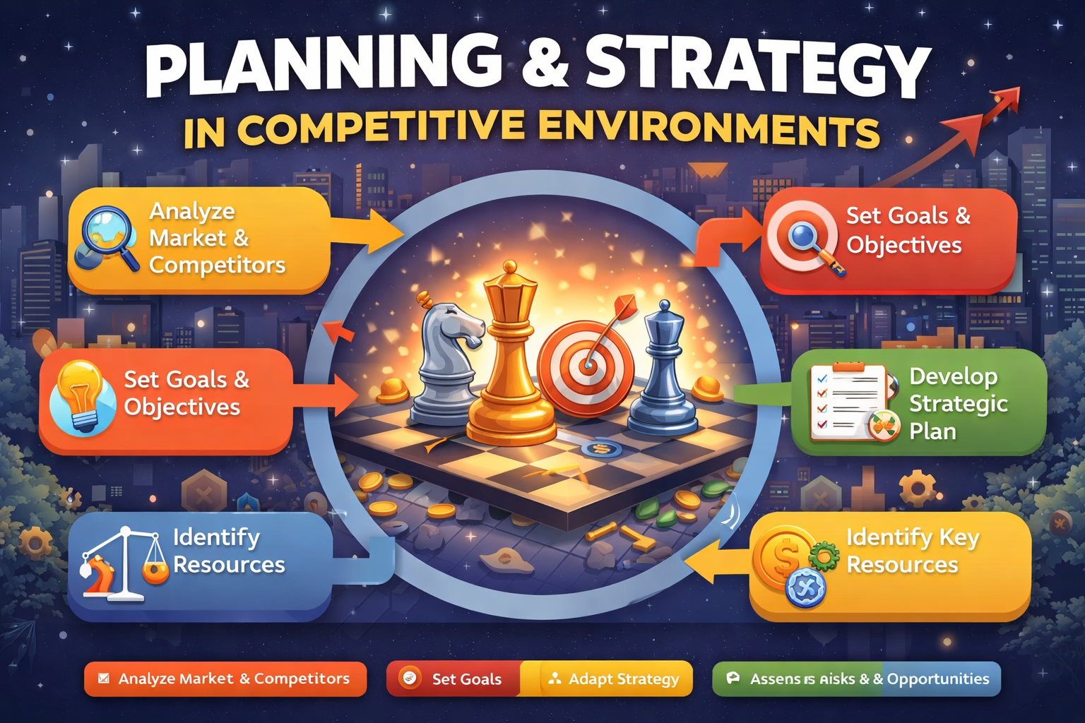 Infographic layout showing sections on planning, strategy, decision-making, adaptation, and communication in competitive environments
