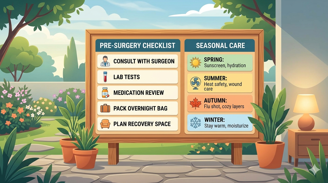 Checklist beside a calendar with sun and rain icons representing different seasonal conditions