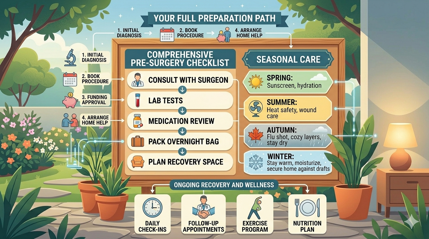 Infographic showing checklist steps, calendar timing, and environmental icons such as temperature and humidity