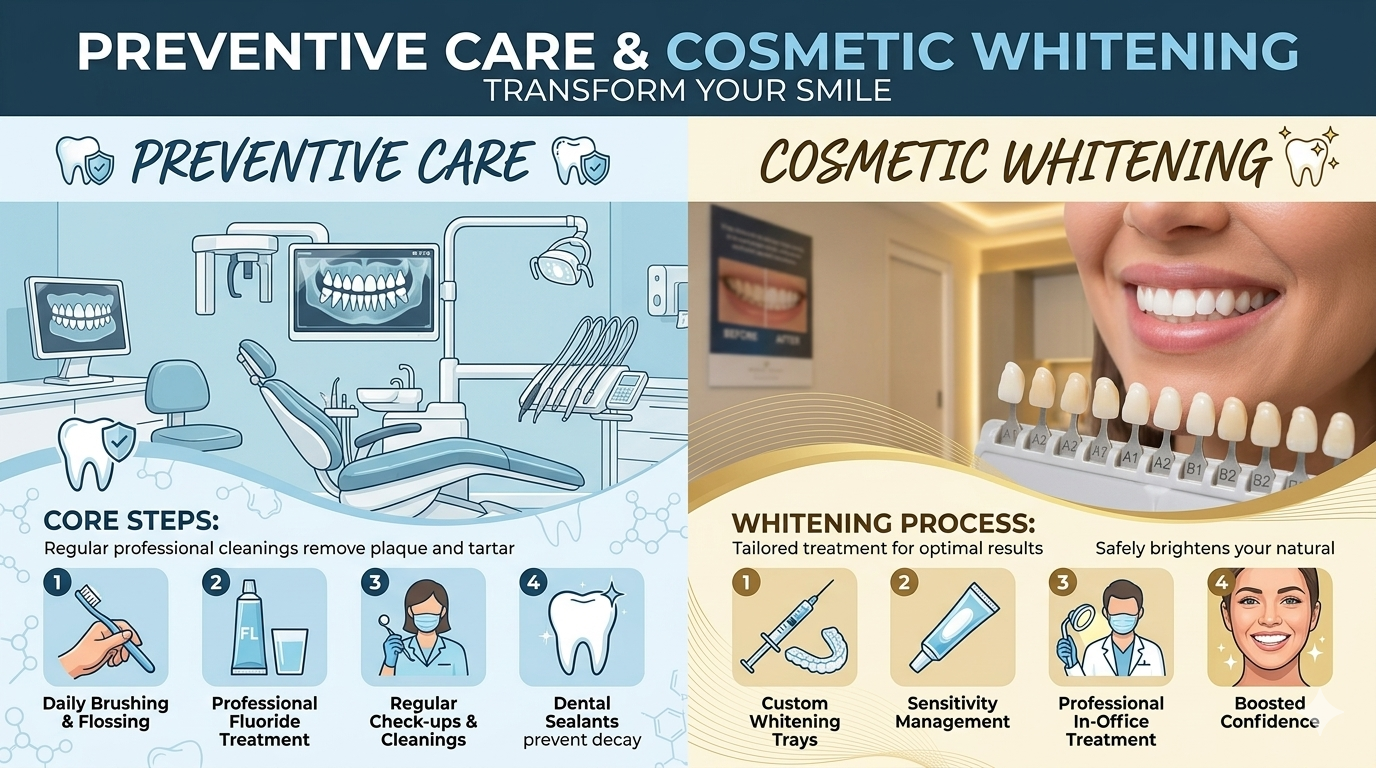 Infographic presenting diagrams of daily oral hygiene steps and a visual scale showing variations in tooth shade.