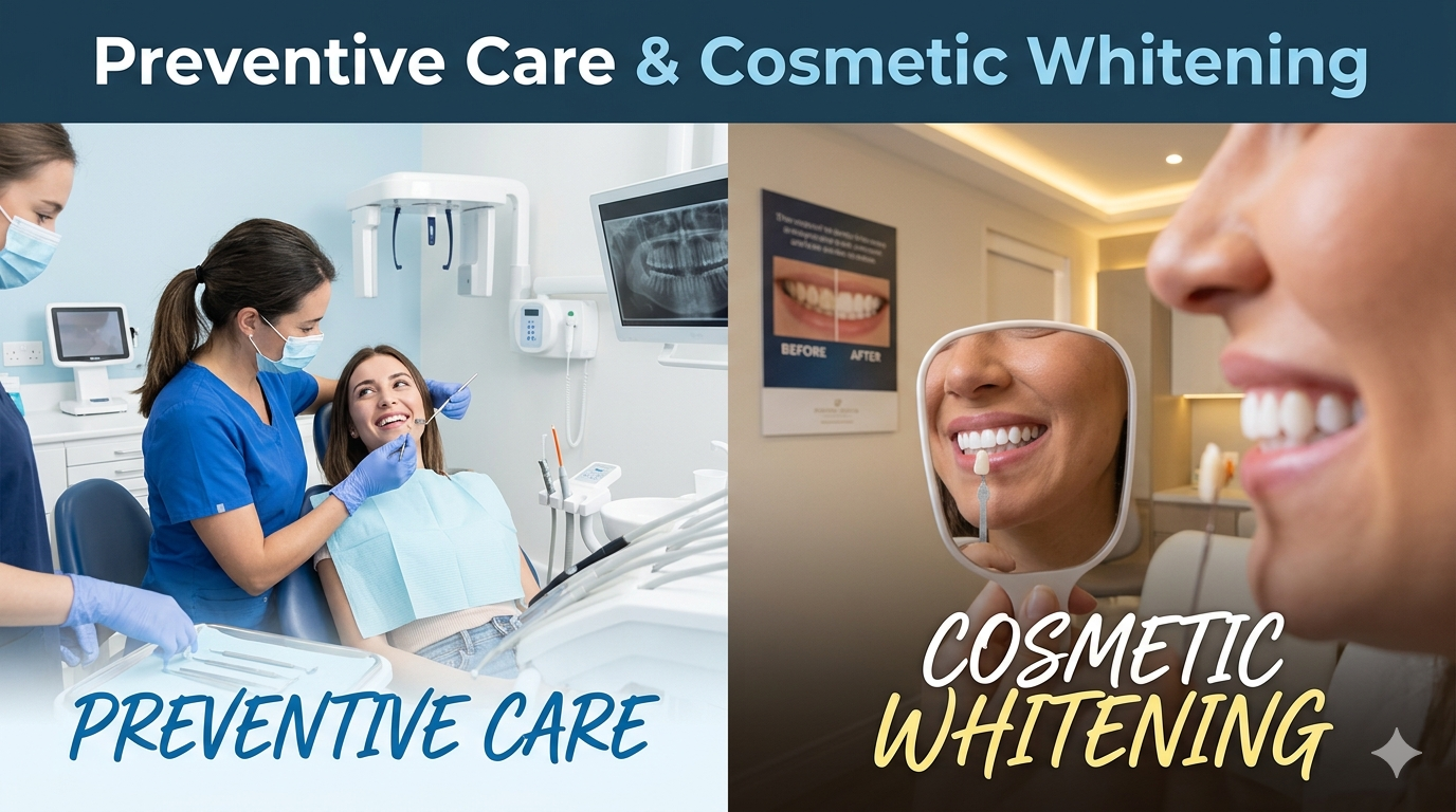 Illustration showing dental hygiene tools and a tooth color shade chart beside a toothbrush and dental mirror.