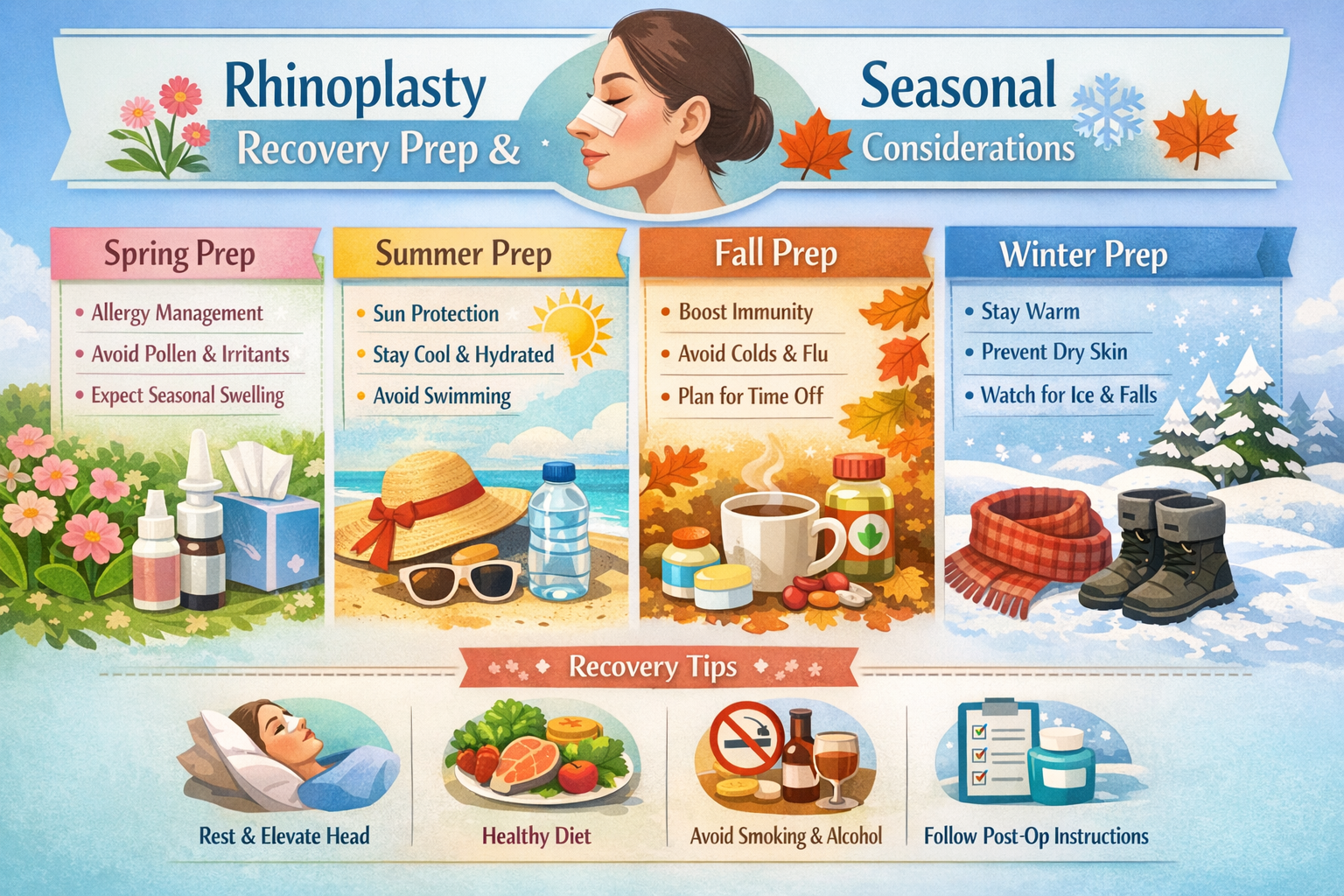 Infographic showing recovery preparation steps and seasonal climate icons such as sun and rain