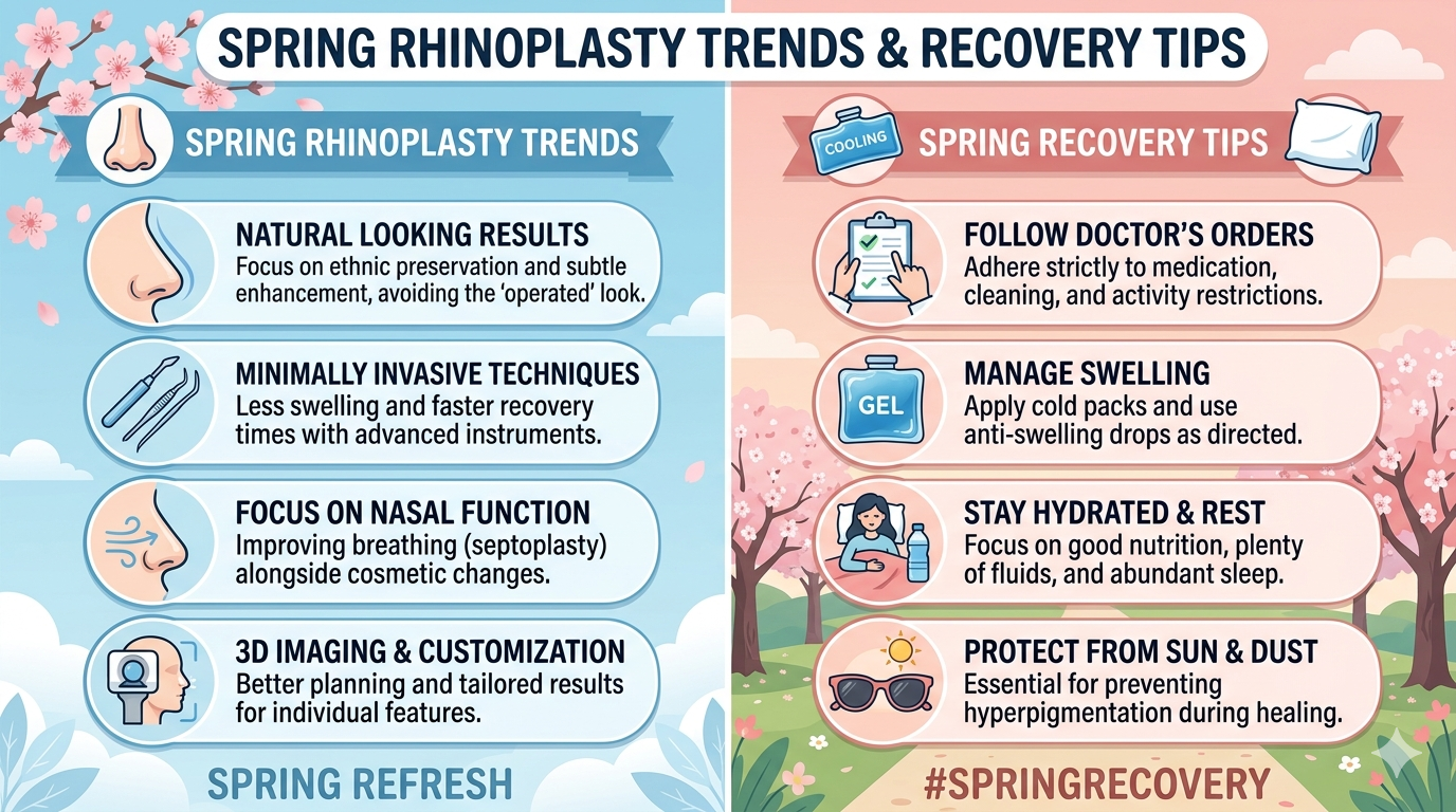 Infographic showing general rhinoplasty recovery stages and seasonal trend references in a structured layout