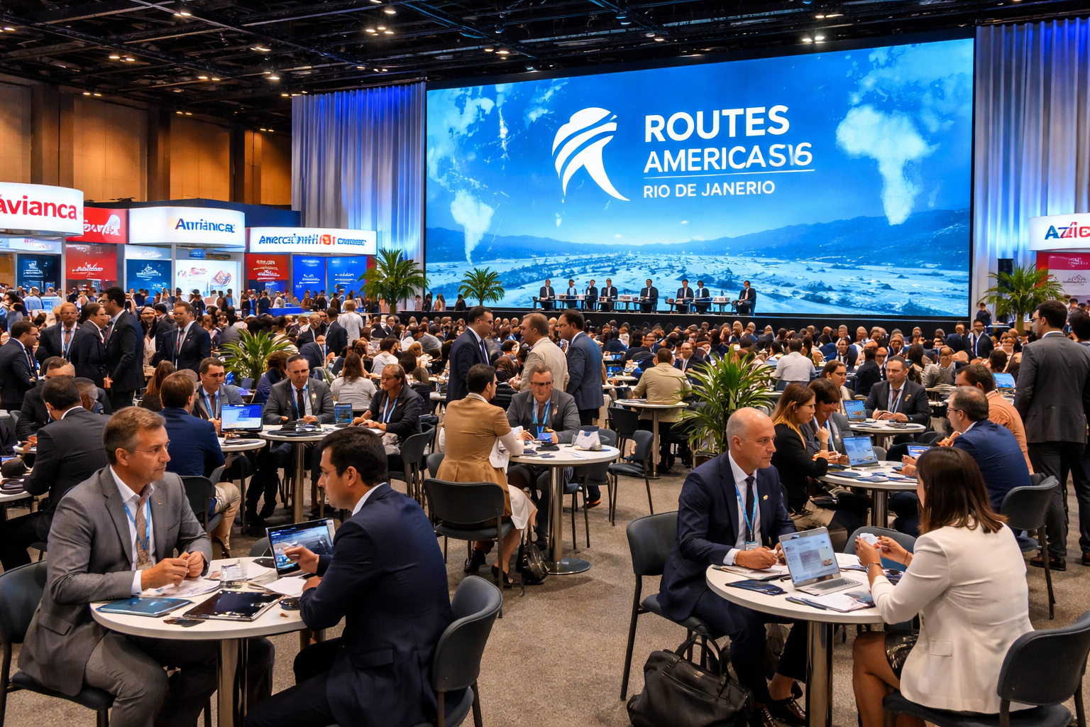 Aviation industry conference venue with airline and airport representatives in a meeting area during an international route development event.