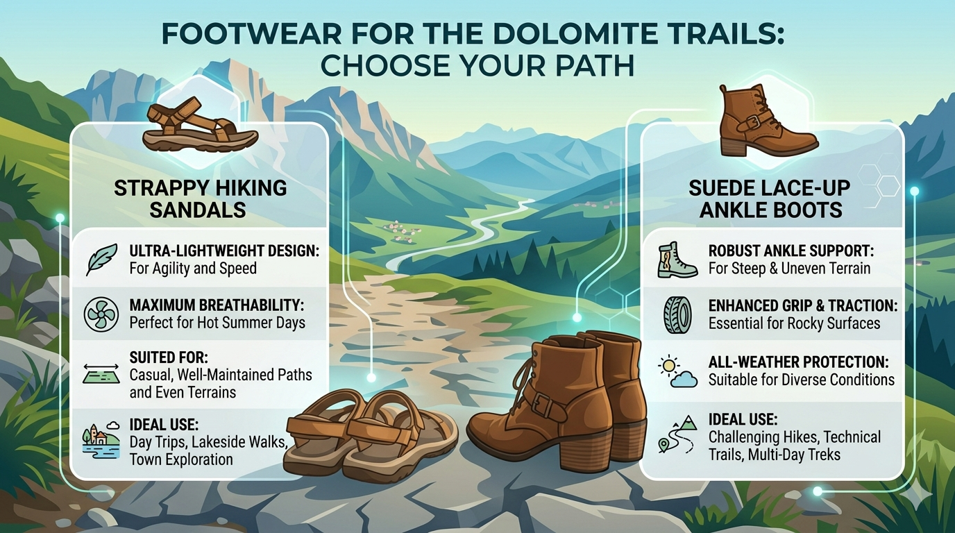 Visual comparison of lightweight sandals and ankle boots highlighting structure, materials, and coverage differences