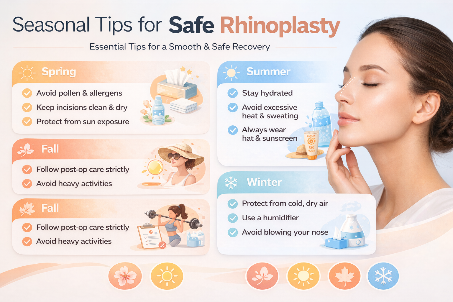 Infographic showing seasonal climate elements alongside a general rhinoplasty recovery timeline