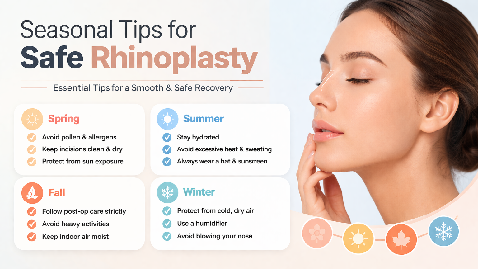 seasonal-rhinoplasty-environment-cover. Illustration of a nose with surrounding icons representing sun, rain, humidity, and airflow conditions