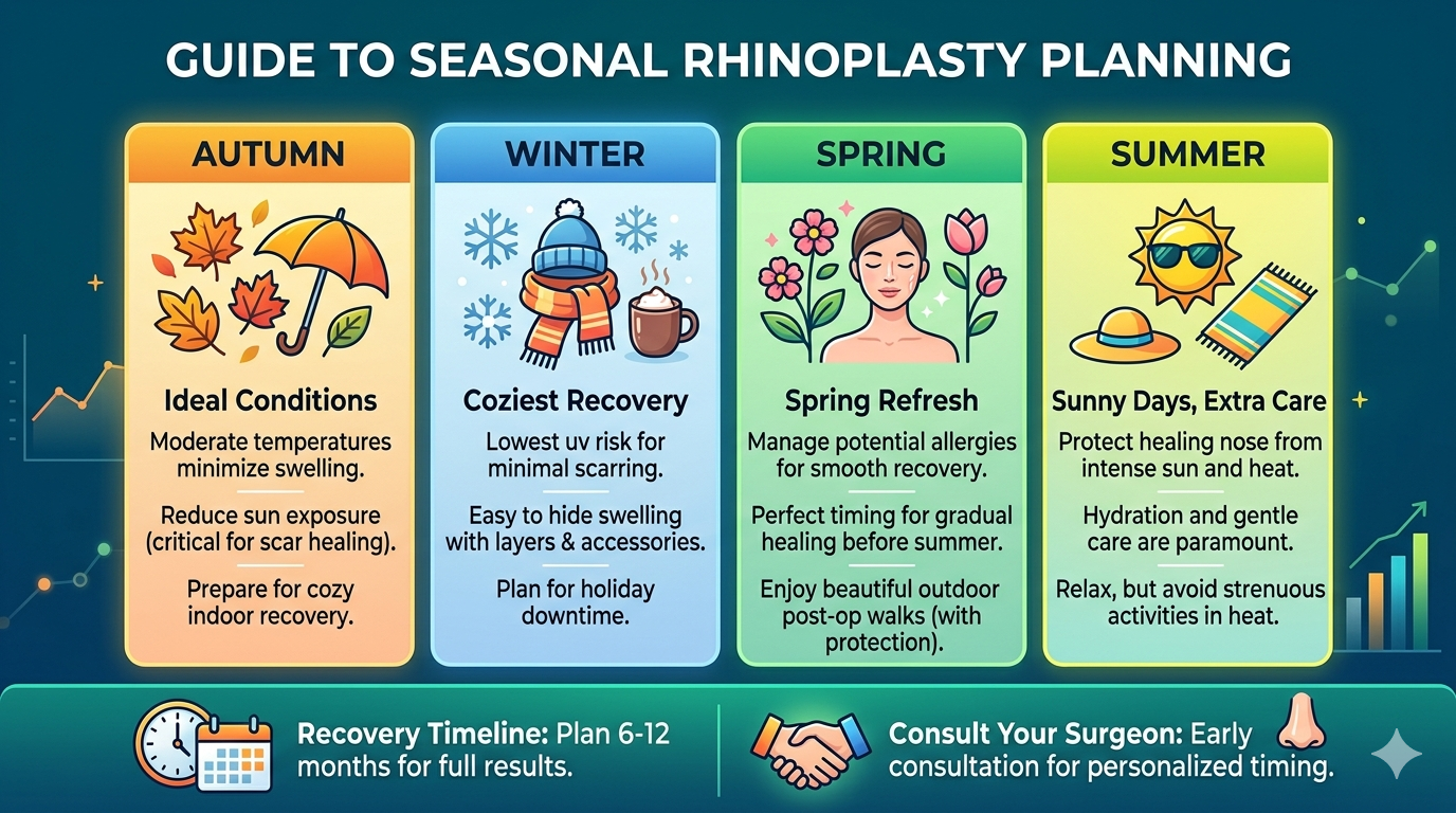 Infographic showing seasonal calendar segments, weather icons, and general recovery timeline indicators