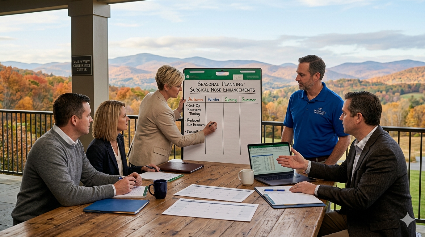 Calendar beside a neutral-toned illustration of a human nose with seasonal icons