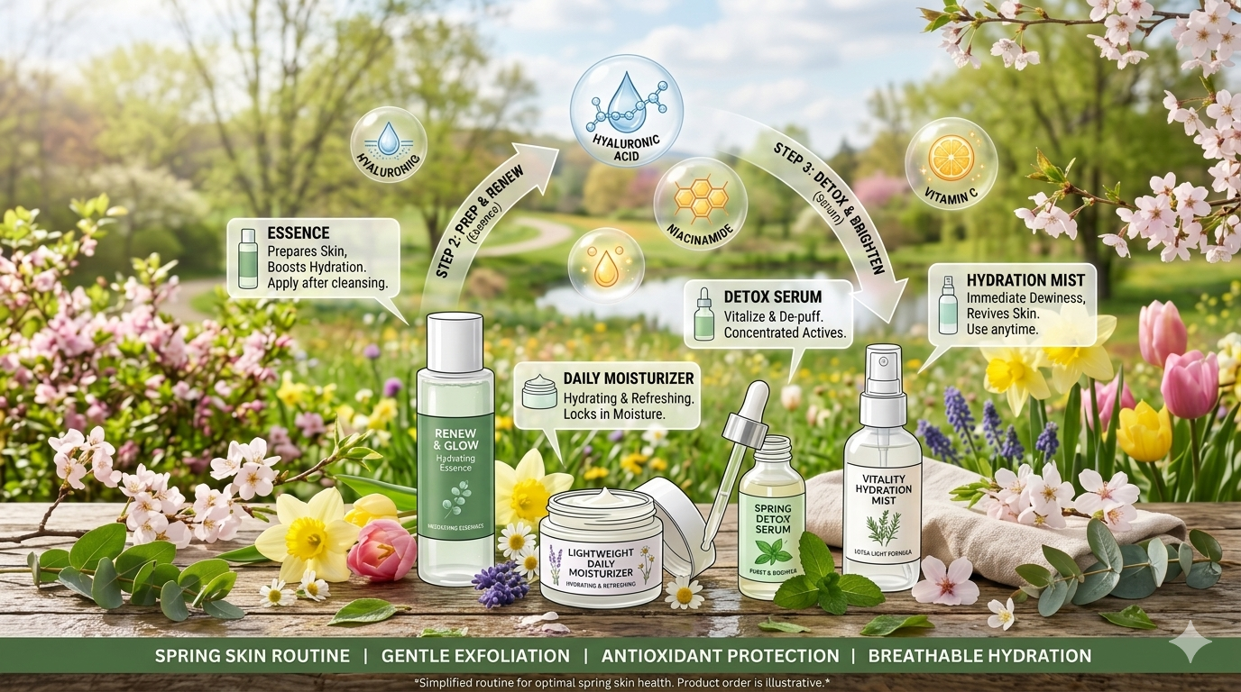 Infographic displaying moisturizer texture categories such as gel, lotion, and cream alongside seasonal skin care routine elements.