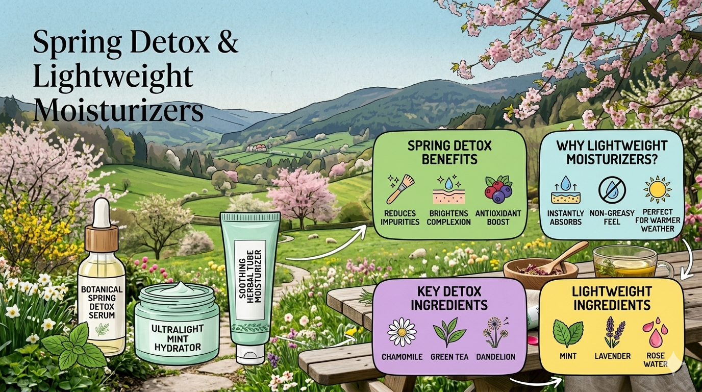Vertical infographic showing skin layers, humidity indicators, and labeled moisturizer textures such as gel and cream