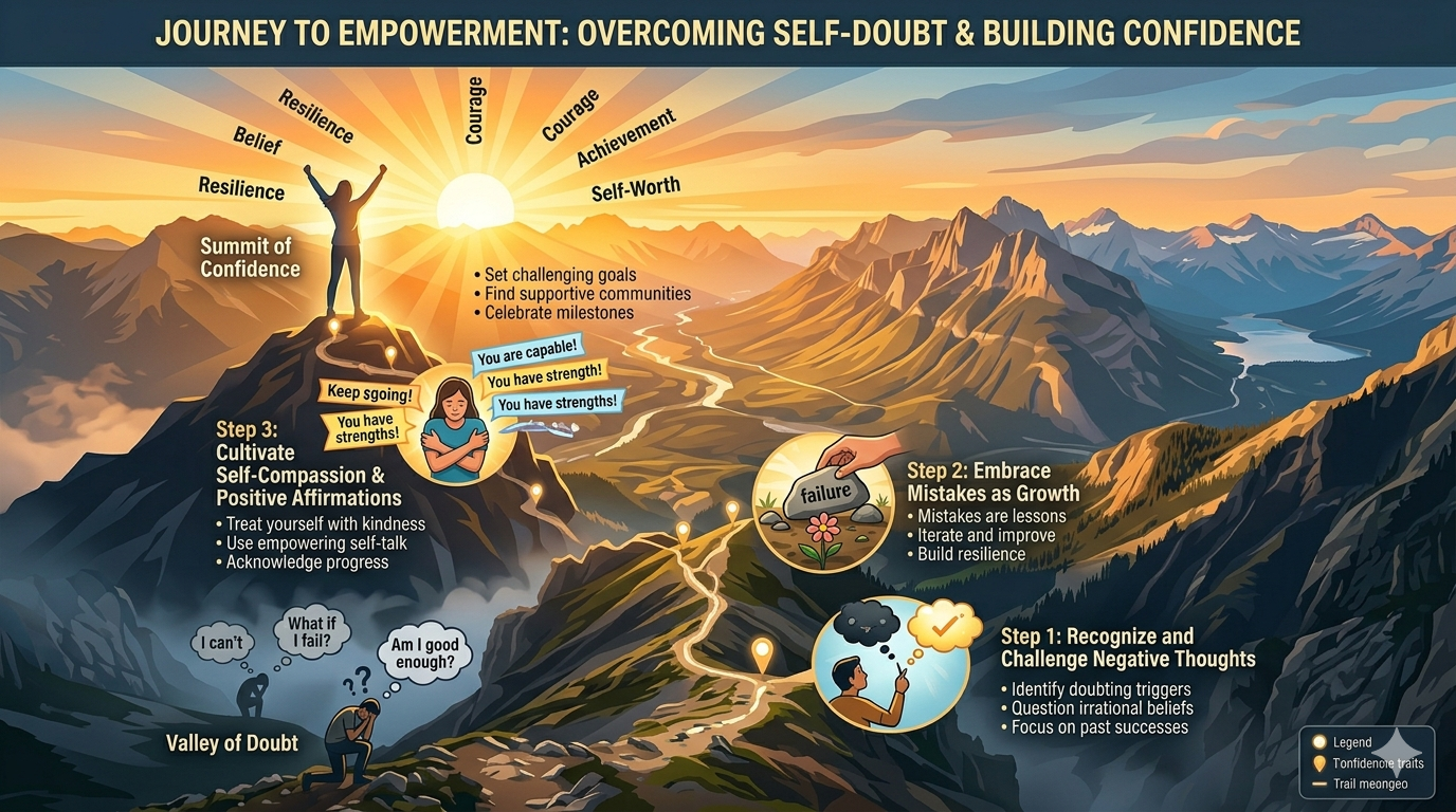 Infographic displaying components of self-doubt and confidence including awareness, behavior patterns, and social context