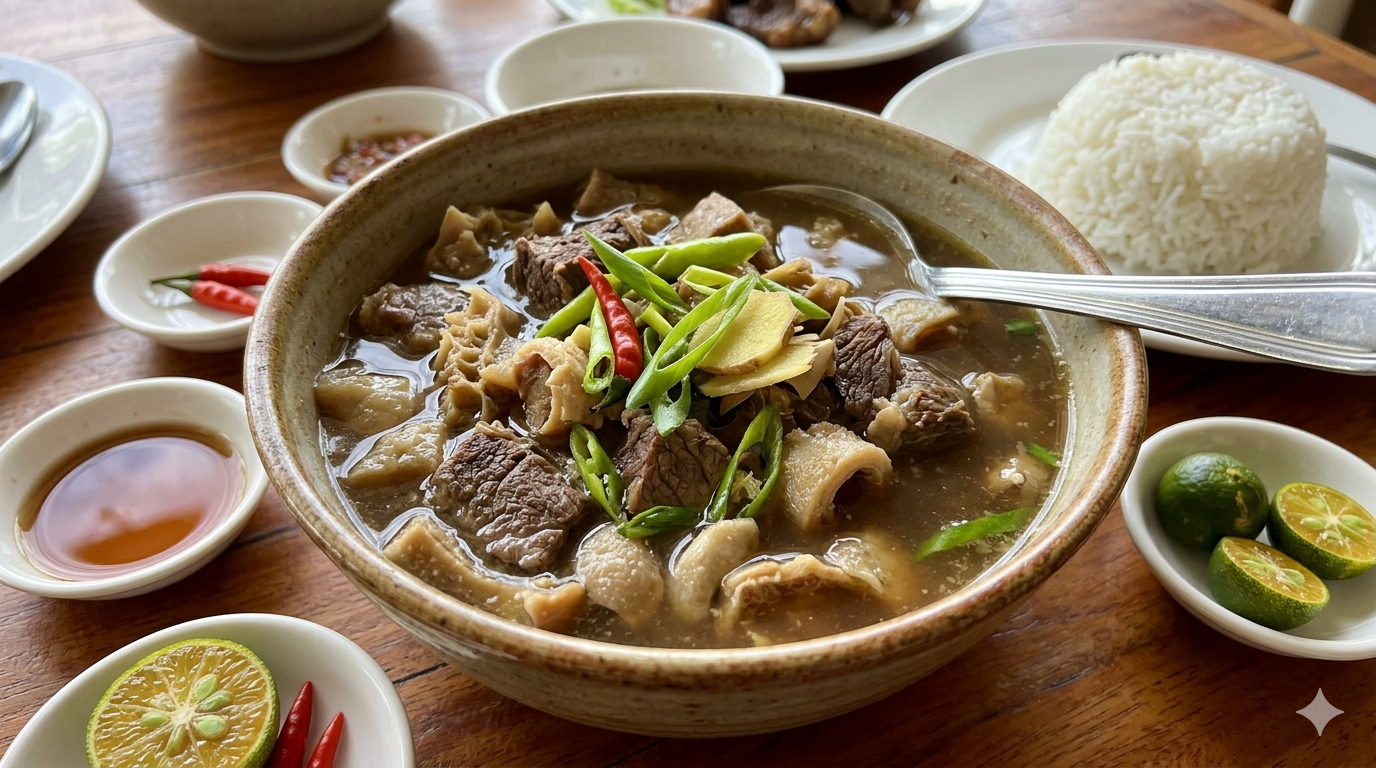 sinanglao-beef-soup-bowl. A bowl of sinanglao beef soup with visible meat, broth, and garnishes on a table setting