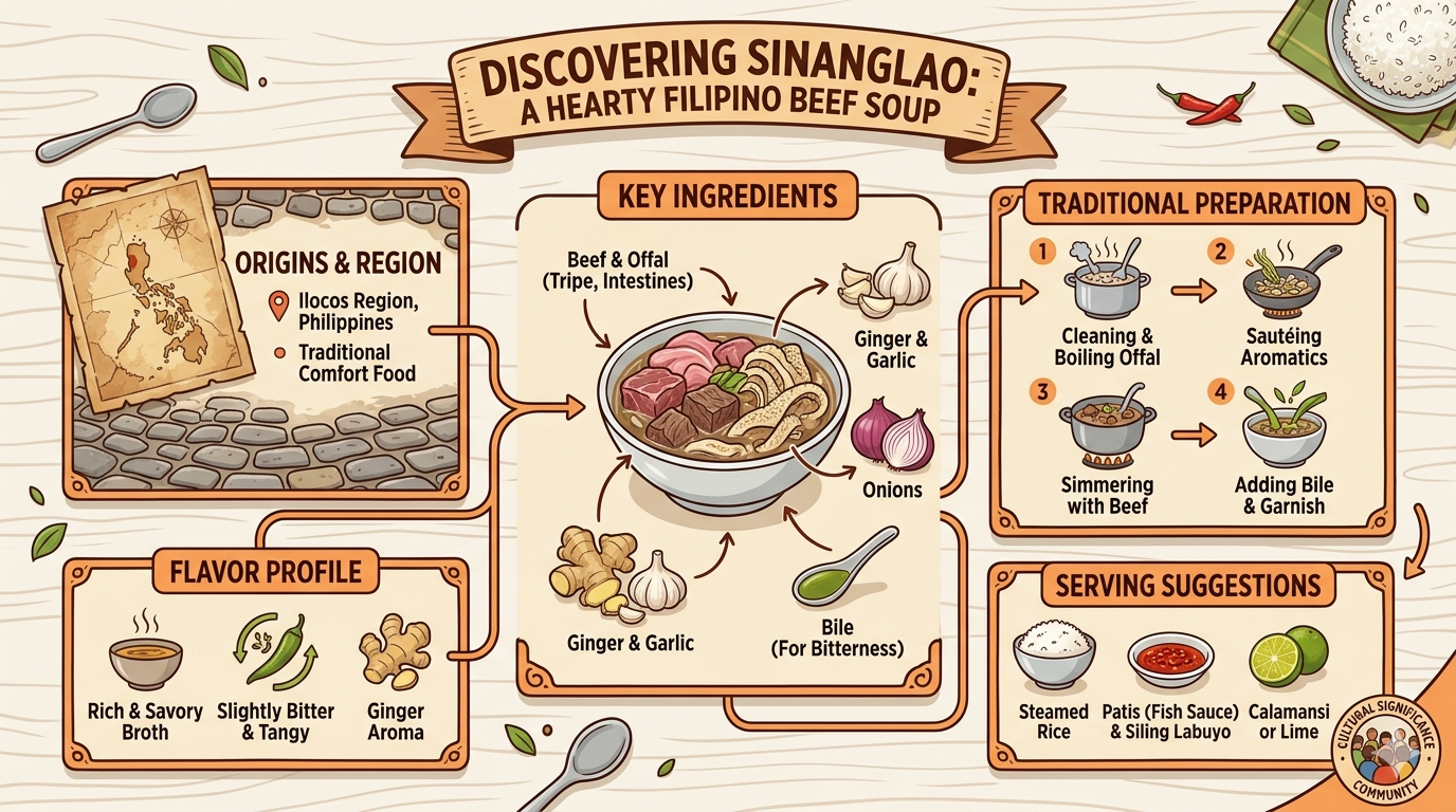 Infographic showing components of sinanglao including beef cuts, broth, seasonings, and typical preparation elements