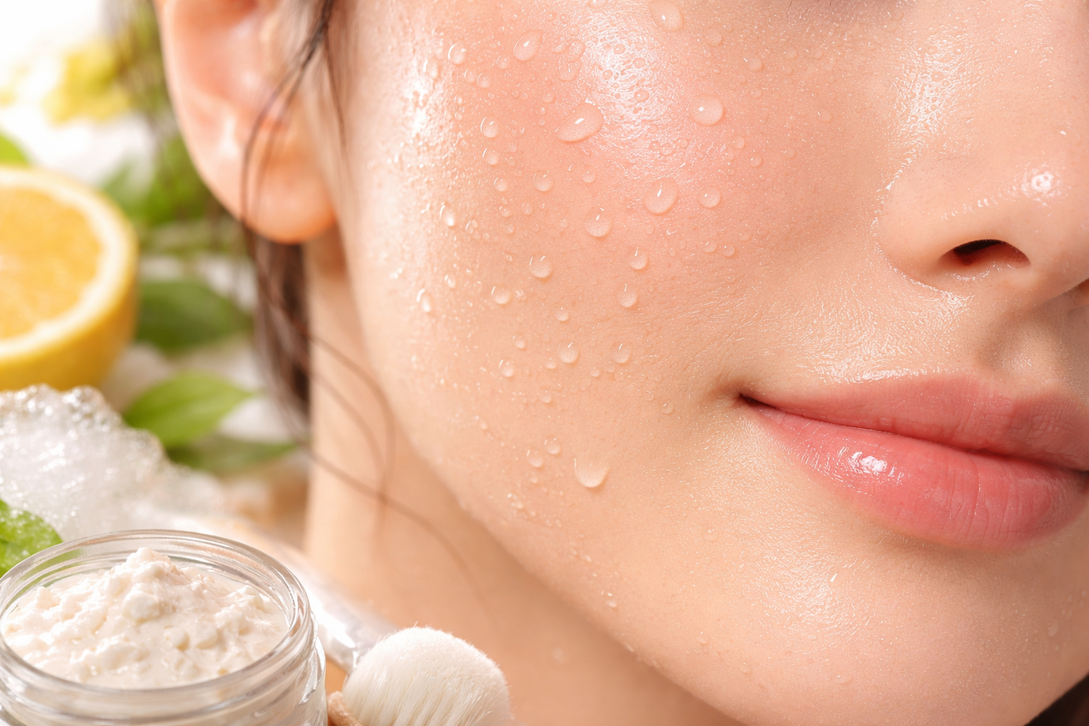 Close-up image of facial skin with water droplets and soft lighting highlighting surface texture.
