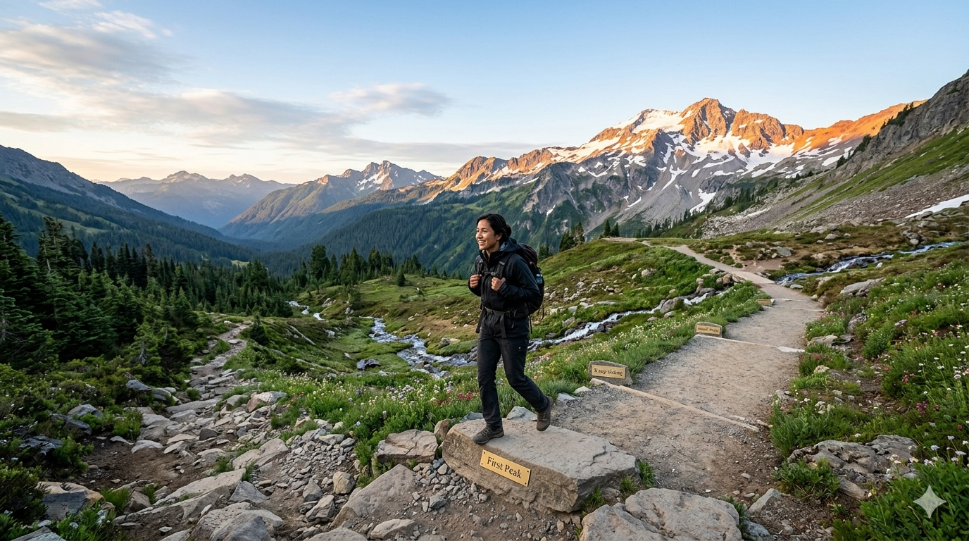 small-wins-daily-progress-visual. Person checking off small tasks on a list with a calm indoor workspace setting