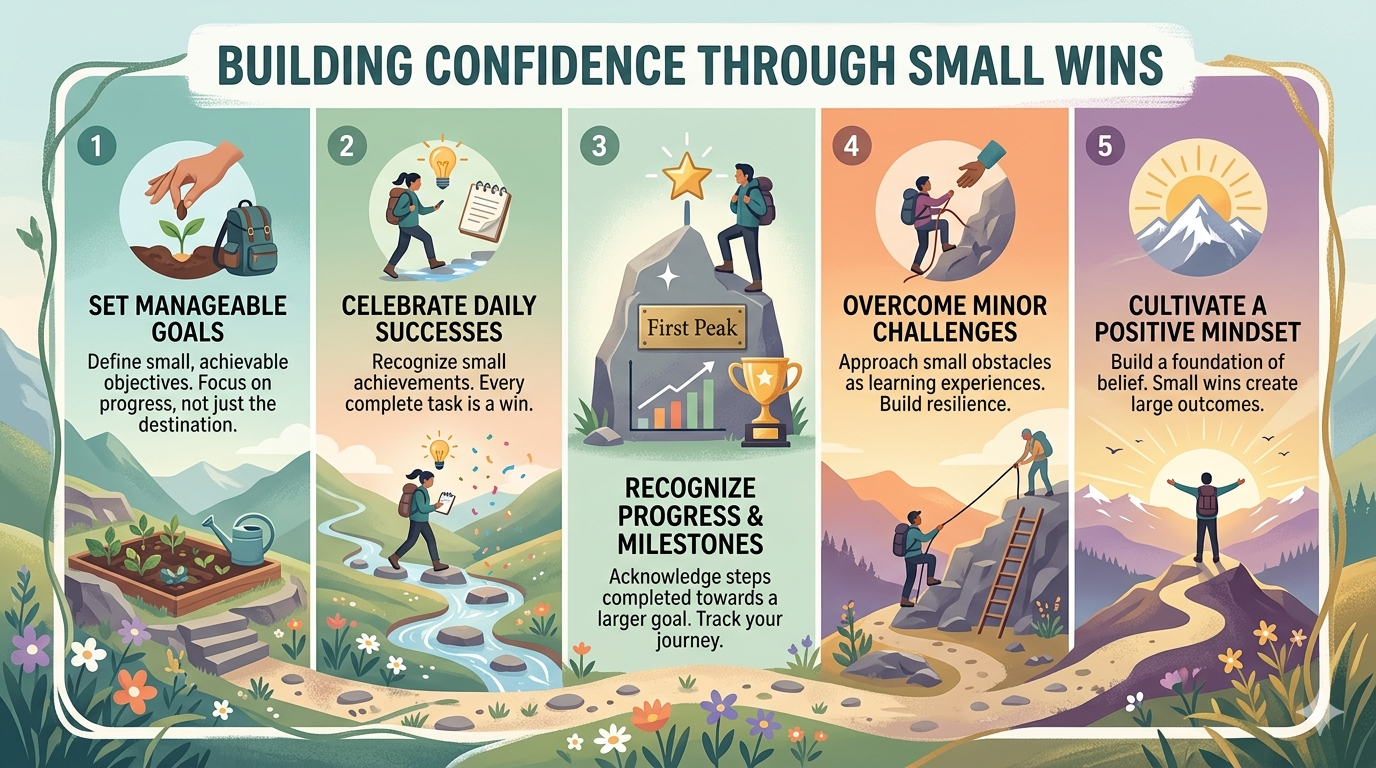 Diagram showing steps of small tasks linked to habit loops and behavioral patterns