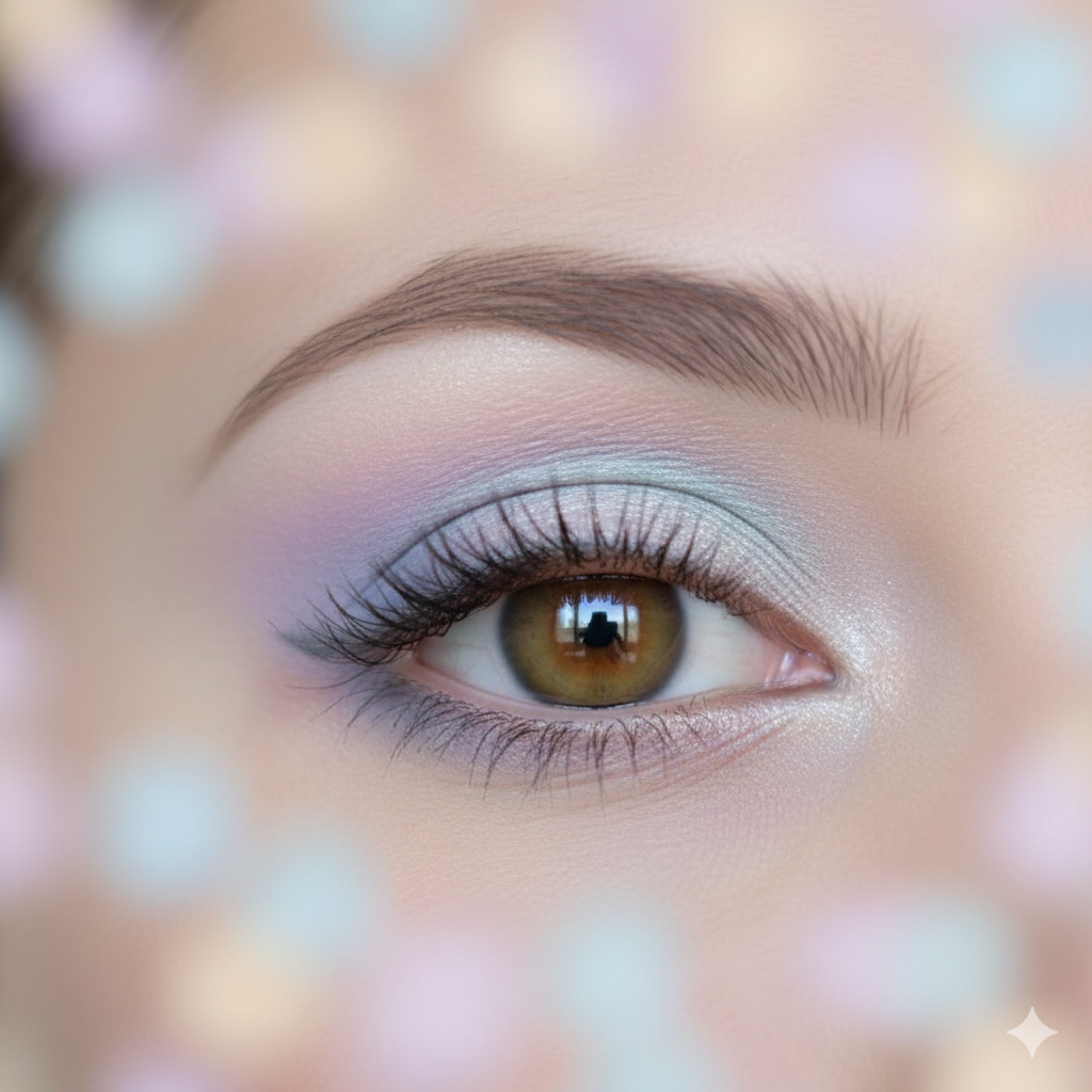 soft-pastel-eyes-minimal-eyeliner-cover. Close-up of eyelids with light pastel eyeshadow and a thin eyeliner line along the upper lash area.