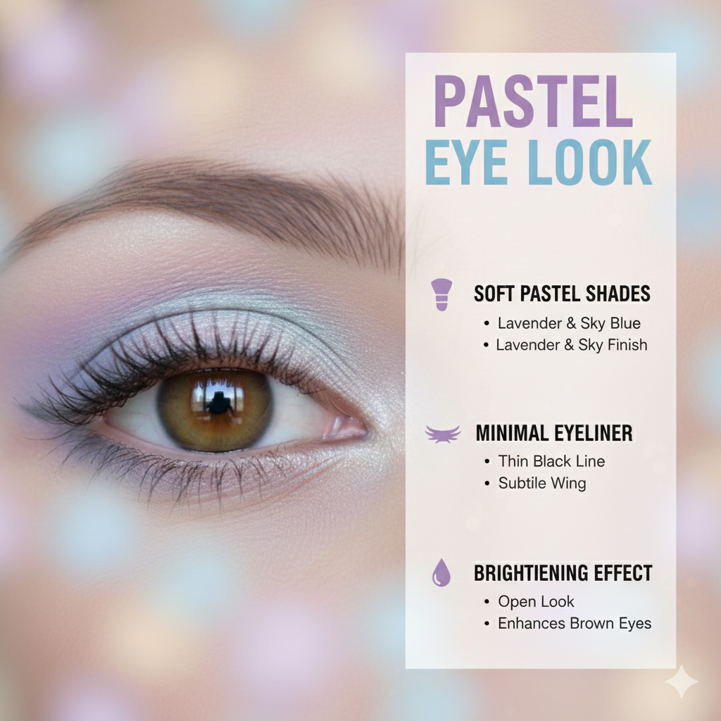 Diagram showing pastel eyeshadow color blocks and a thin eyeliner line along the eyelid margin.