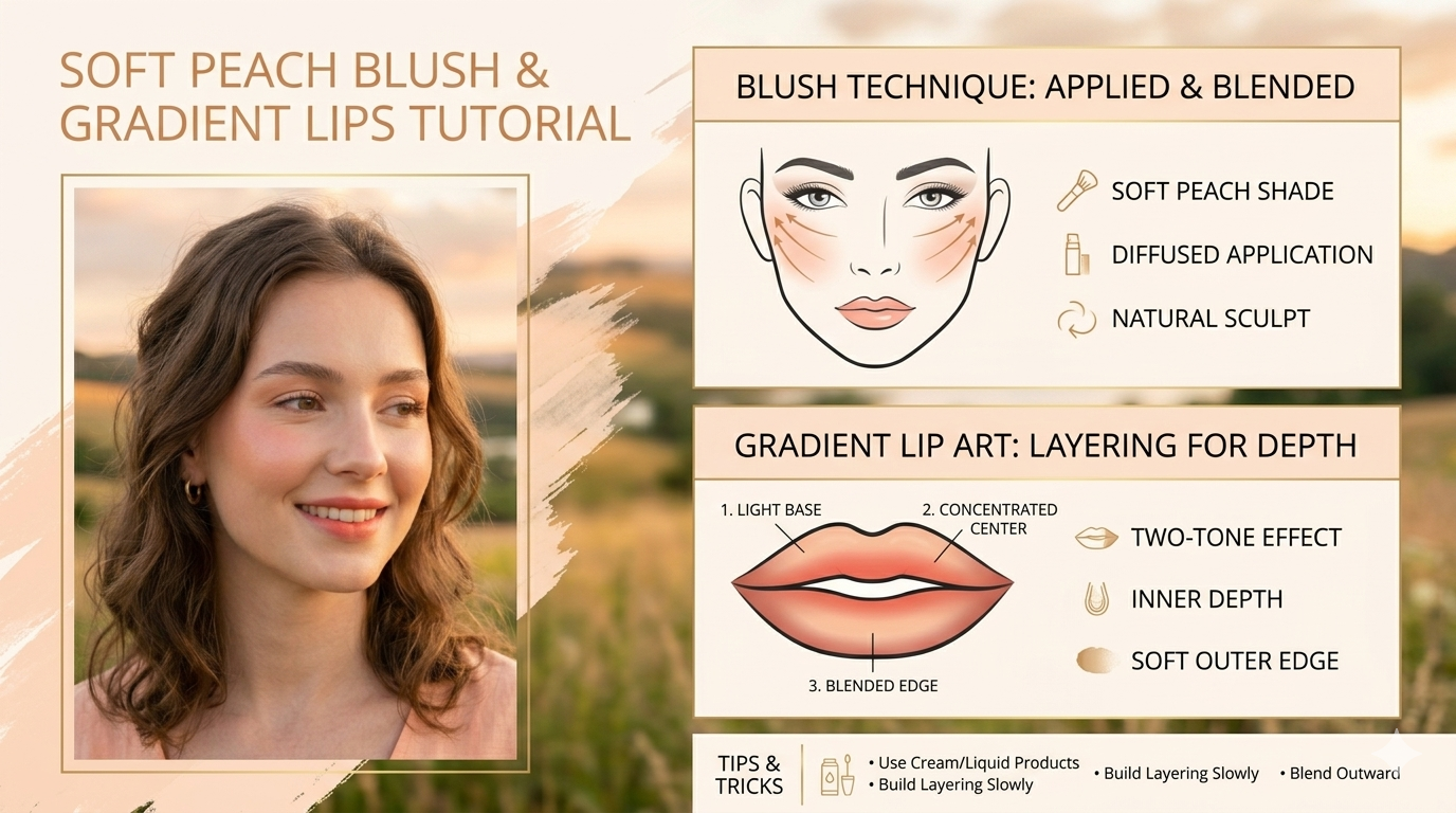 Diagram showing blush placement on the cheeks and a lip illustration demonstrating color concentration at the center and lighter edges.