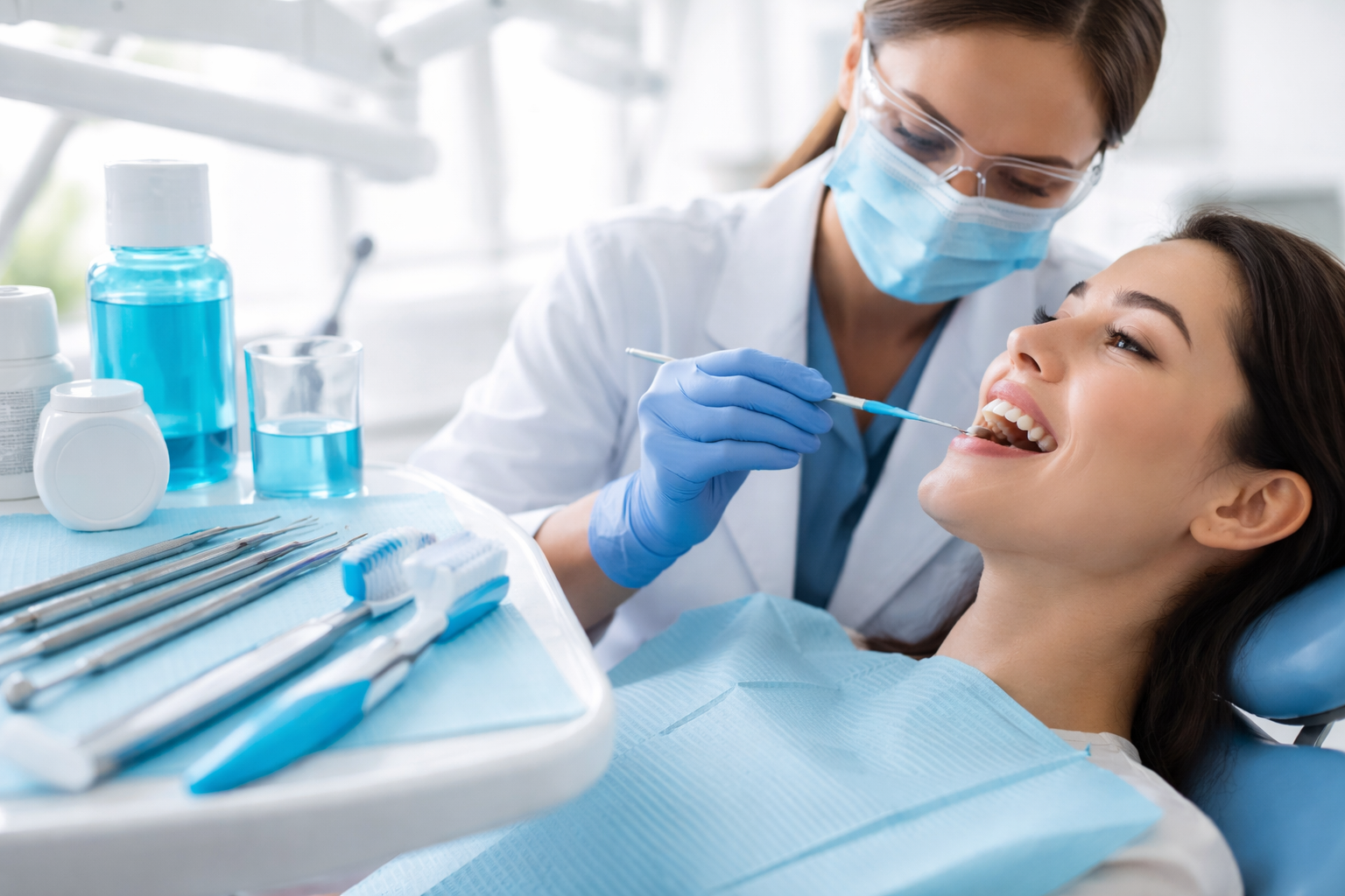 spring-dental-checkups-oral-hygiene-cover. Dental professional examining teeth using a mirror and overhead dental light in a treatment room with oral care instruments visible