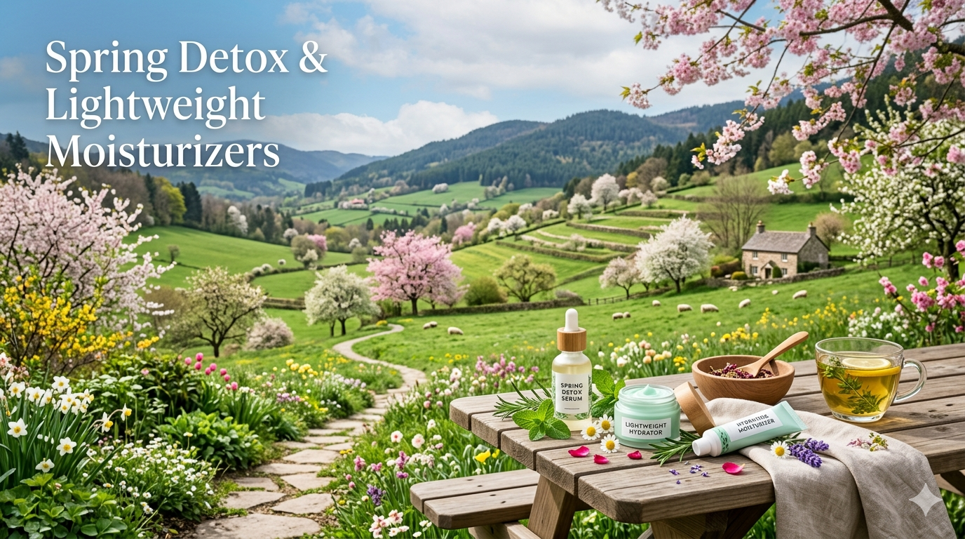 Skincare bottles and green leaves arranged on a bright surface with soft lighting and minimal design elements