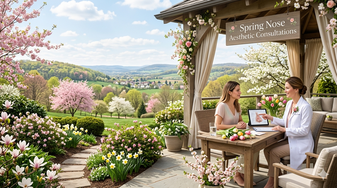 spring-nose-aesthetic-consultations-cover. Individual in a consultation room with a screen displaying nasal structure diagrams